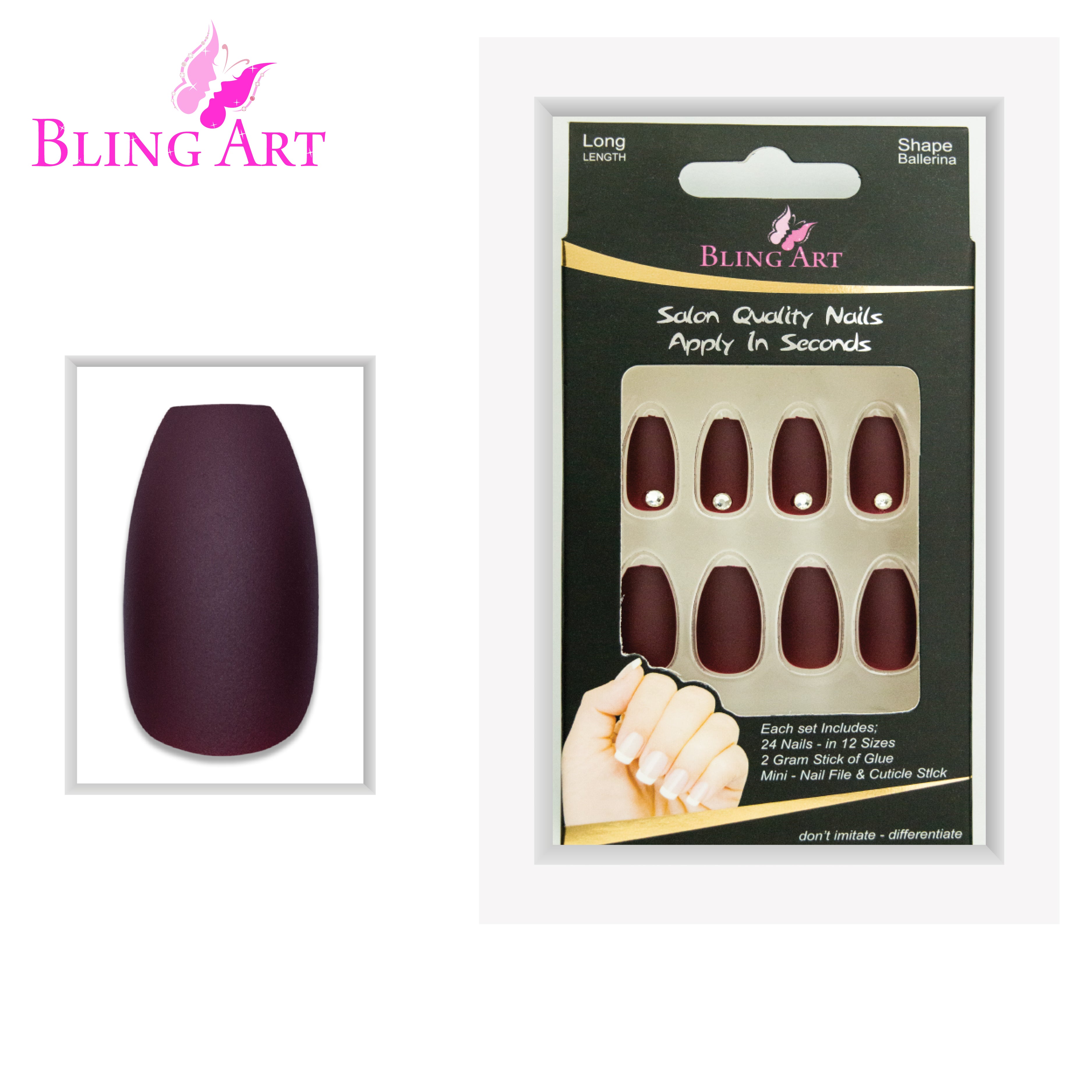 Brown matte ballerina coffin Bling Art press-on nails — full-hand reveal showing all 24 nails for autumnal and seasonal wear.