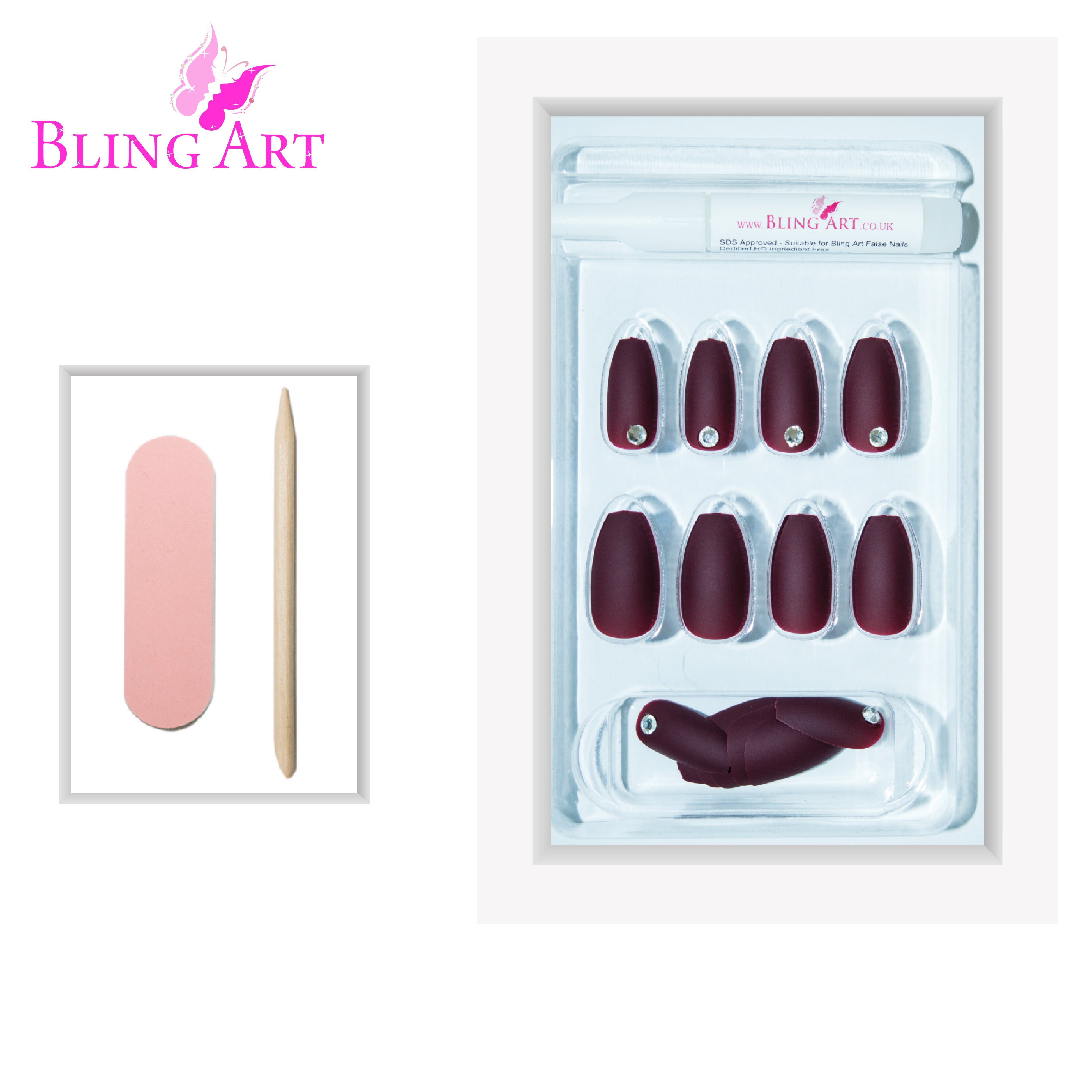 Brown matte ballerina coffin Bling Art press-on nails — lifestyle context shot showing the earthy chocolate-brown matte finish.