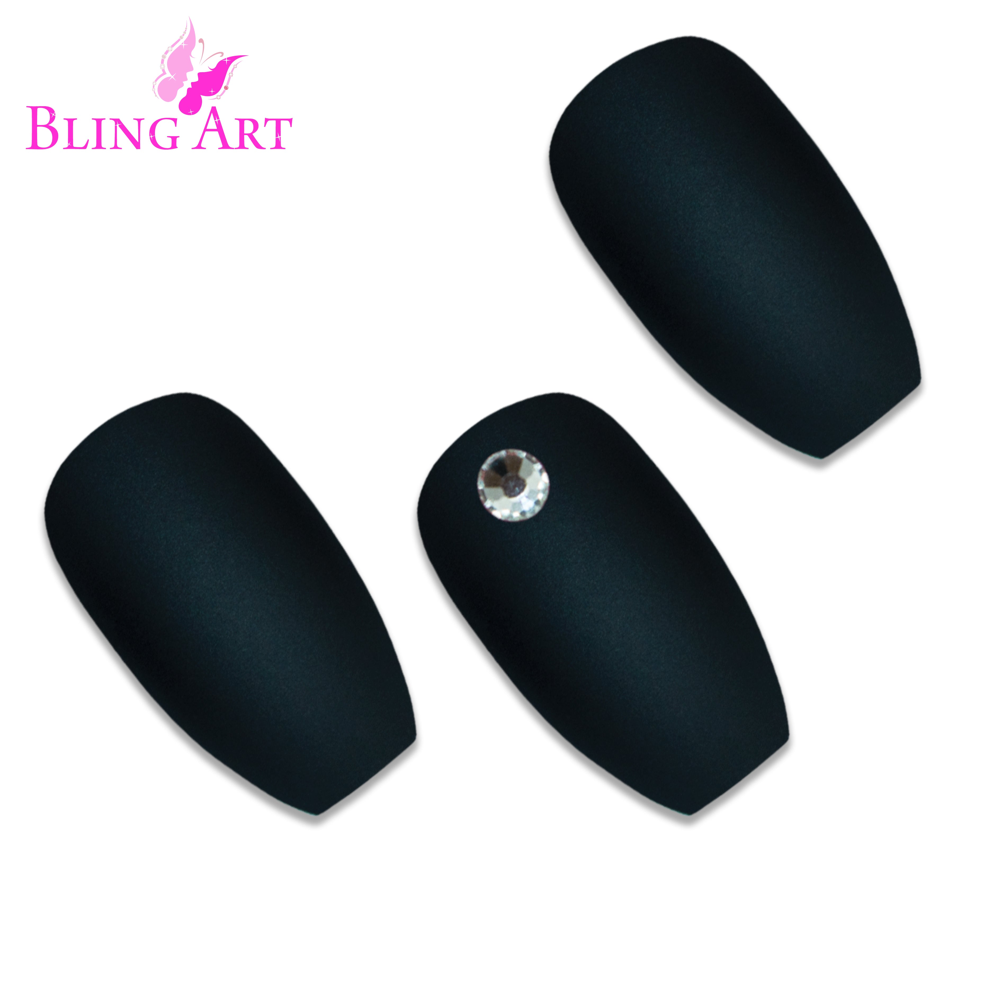 Black matte ballerina coffin Bling Art press-on nails — worn-hand close-up showing the velvet jet-black matte on long ballerina coffin tips. Ballerina = Coffin (same shape).