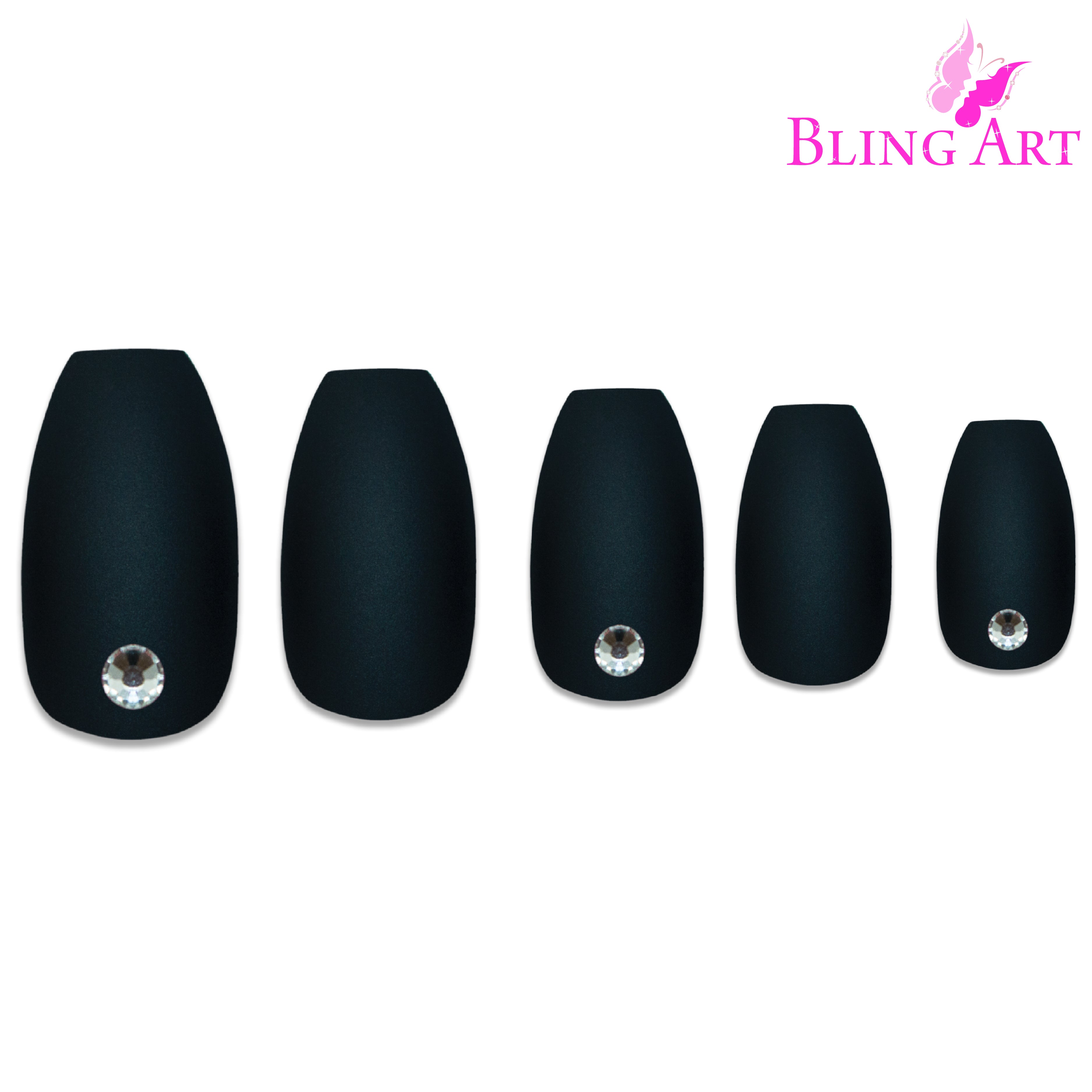 Black matte ballerina coffin Bling Art press-on nails — alternative angle revealing the bond line on the long ballerina coffin shape.