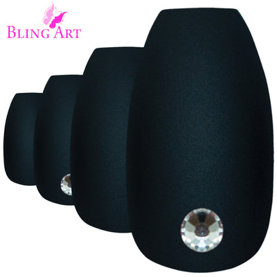 Deep jet black matte ballerina coffin long press-on false nails by Bling Art — modern edge for evening wear and editorial styling · smooth velvet matte texture · long ballerina coffin tips · 24 nails per set with adhesive · designed in Yorkshire