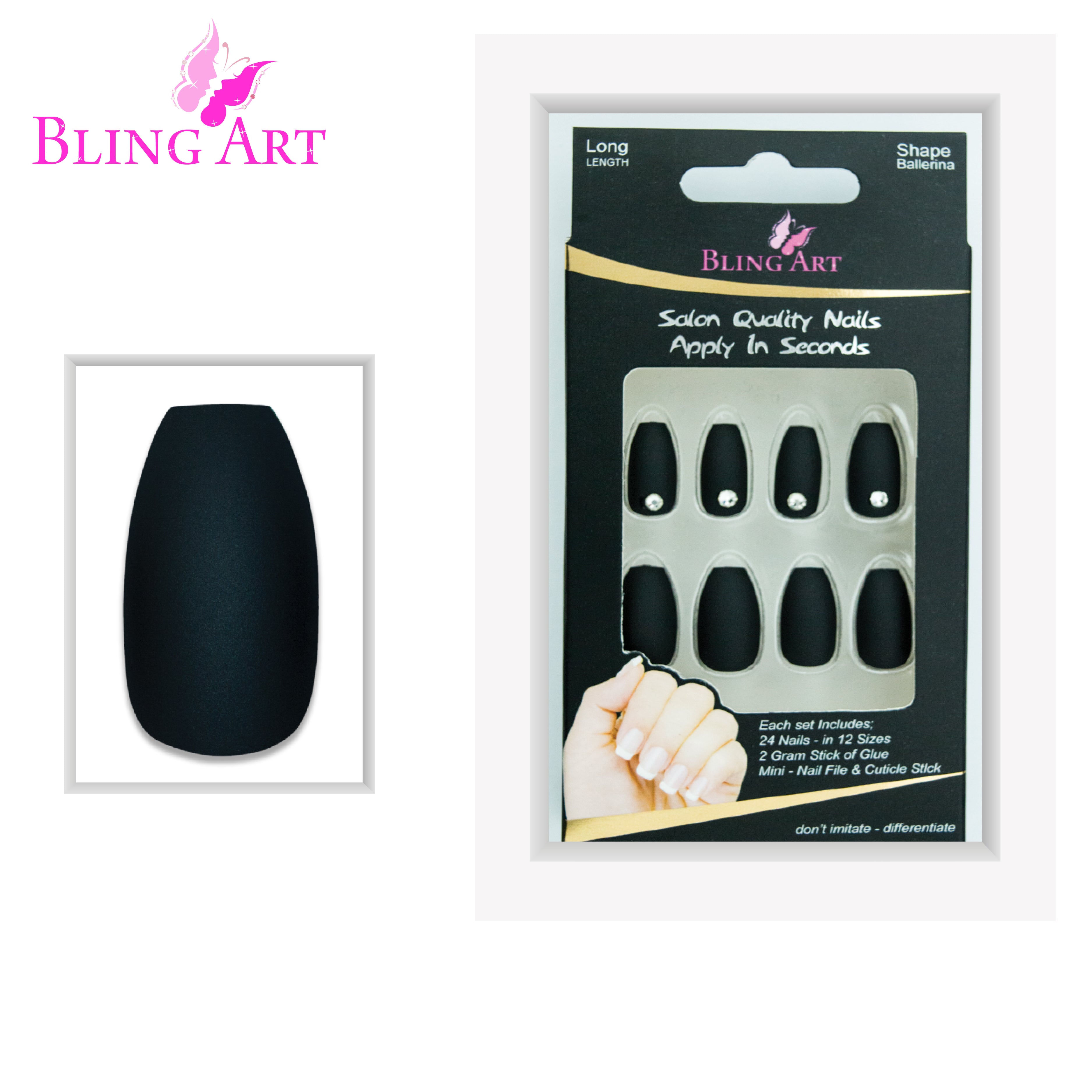 Black matte ballerina coffin Bling Art press-on nails — full-hand reveal showing all 24 nails for evening wear and editorial styling.