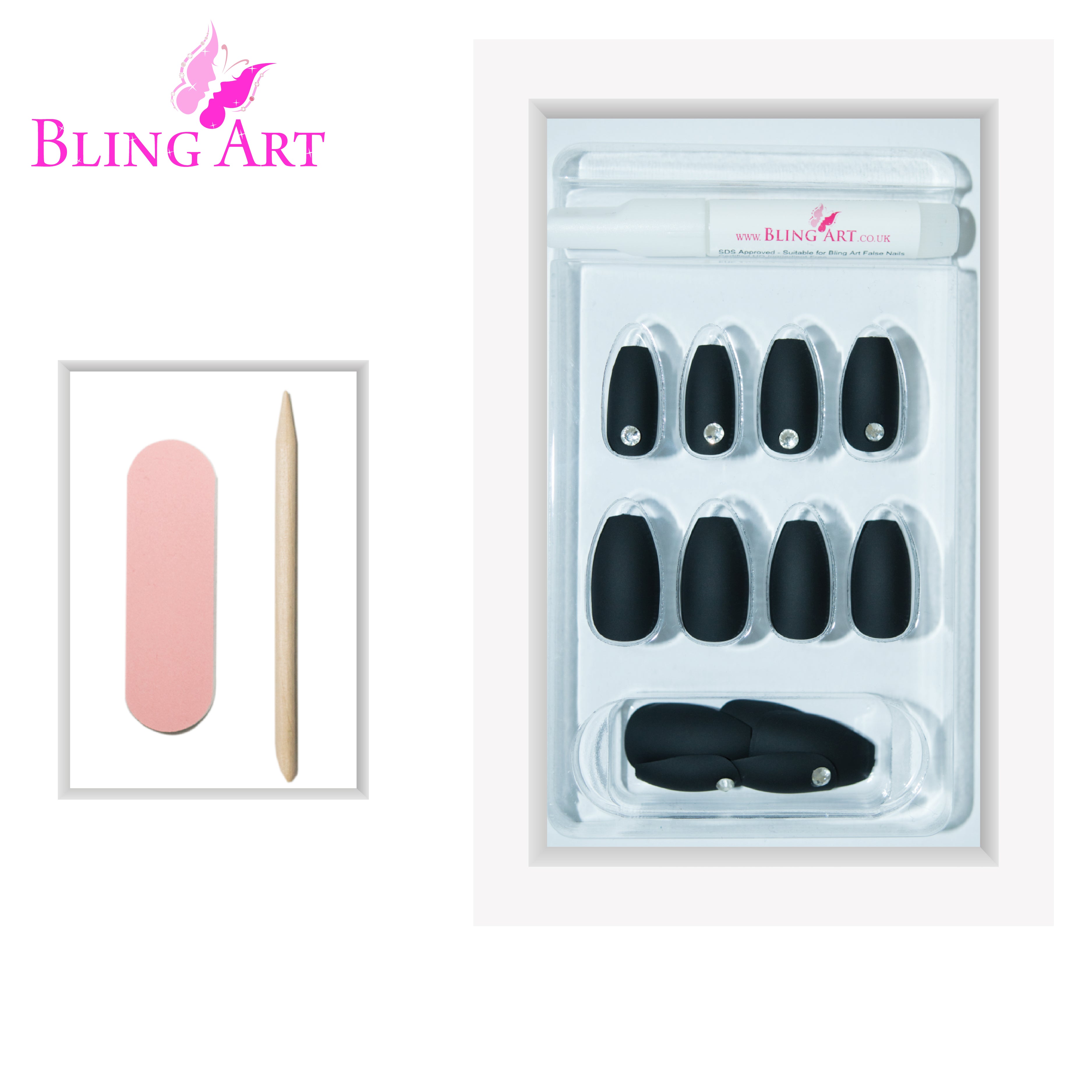 Black matte ballerina coffin Bling Art press-on nails — lifestyle context shot showing the modern velvet jet-black matte finish.