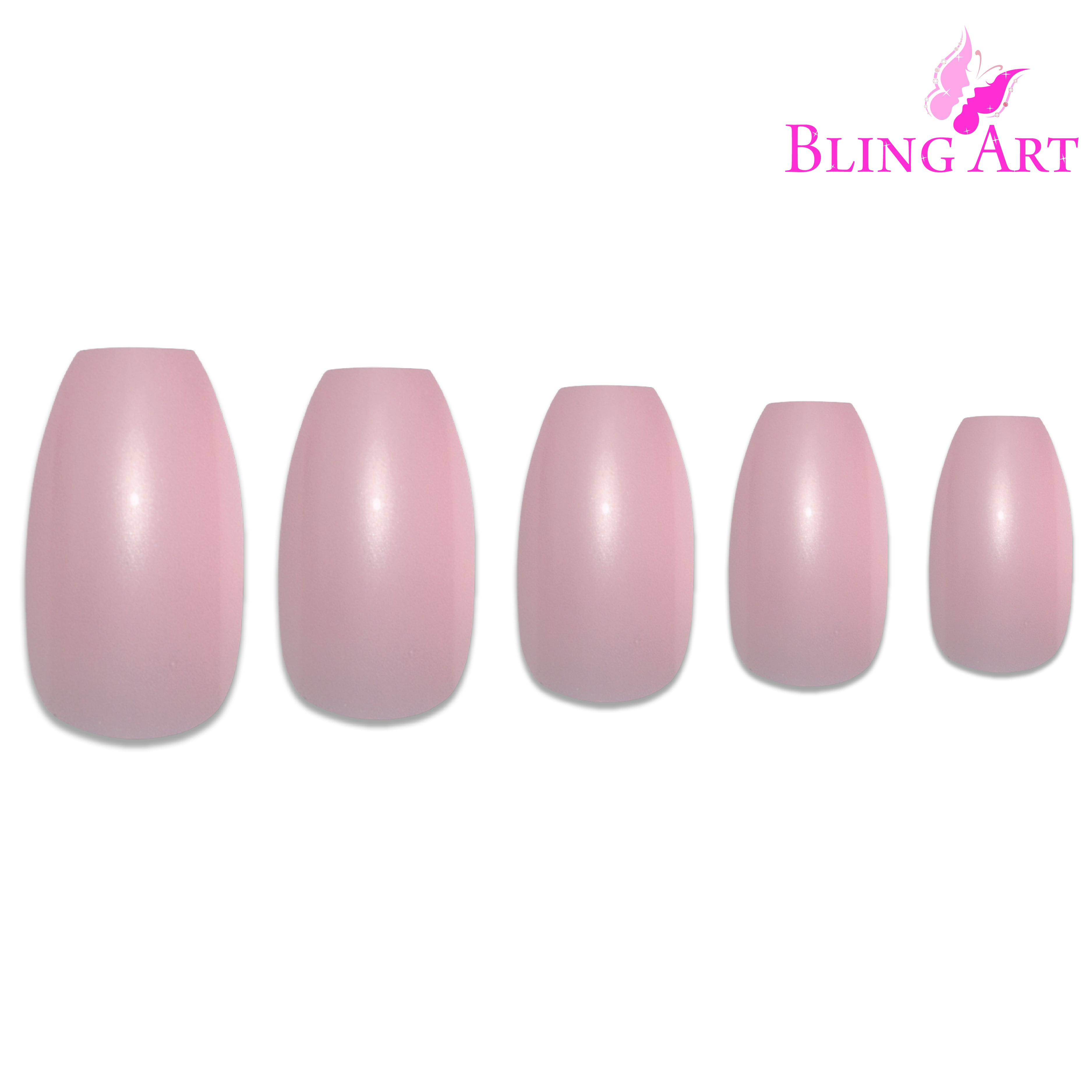 Pink glitter ballerina coffin Bling Art press-on nails — alternative angle revealing the glitter density on the long ballerina coffin shape.