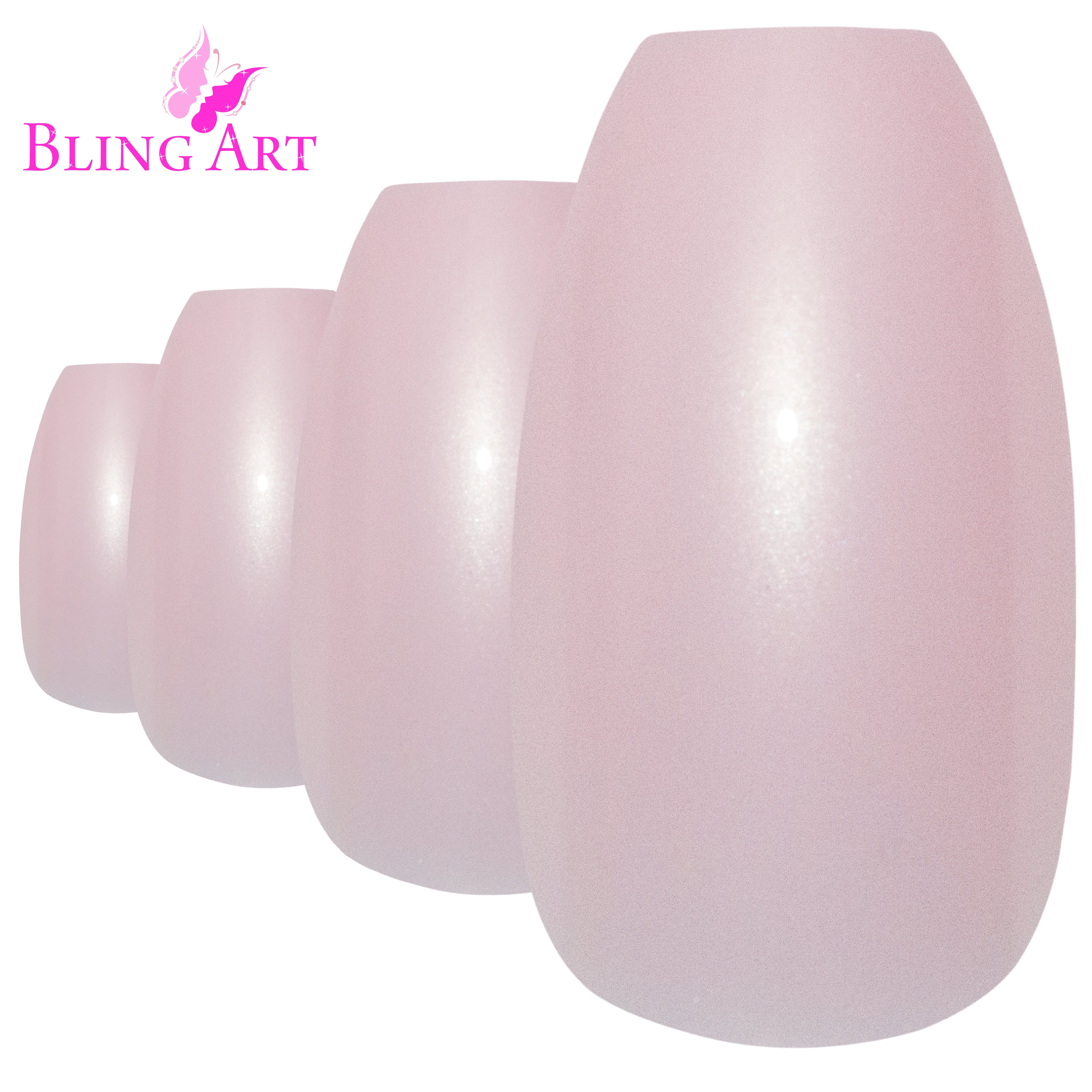 Pink glitter ballerina coffin Bling Art press-on nails — worn-hand close-up showing the pink sparkle on long ballerina coffin tips.