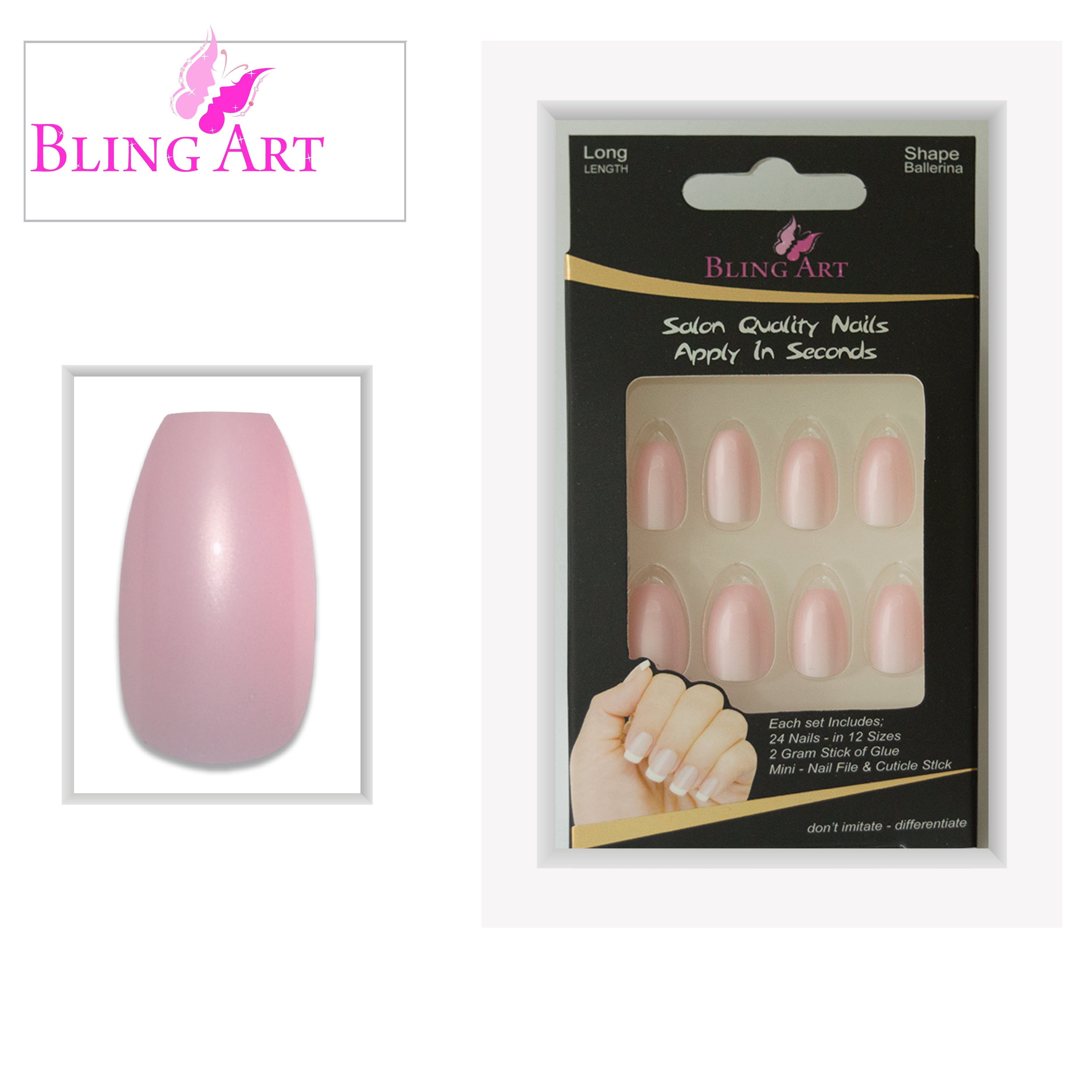 Pink glitter ballerina coffin Bling Art press-on nails — full-hand reveal showing all 24 nails for summer events and date nights.