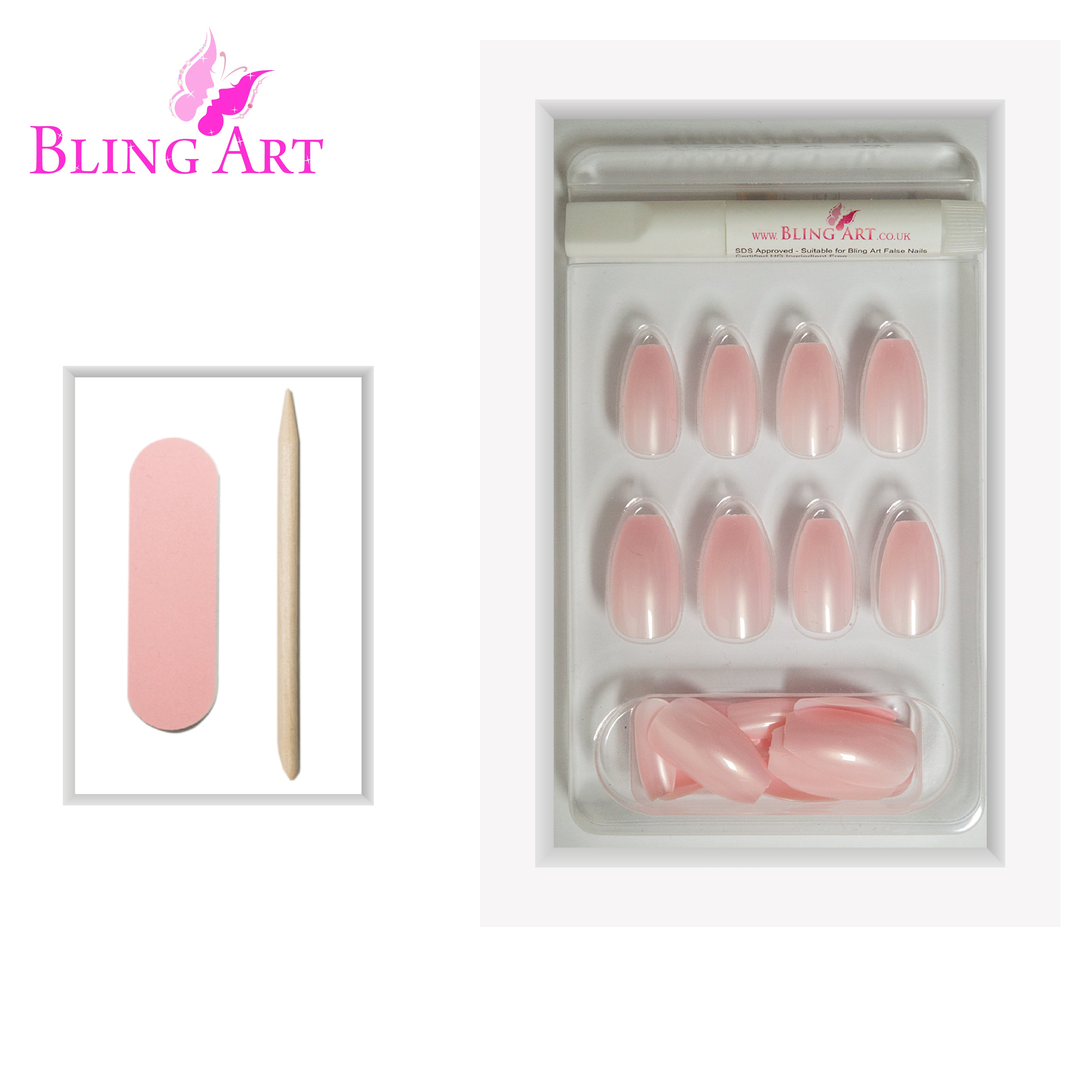 Bling Art Pink glitter ballerina coffin press-on nail set packaging — 24 nails, 12 sizes XS-XXL, file and cuticle stick included. Glue not included.