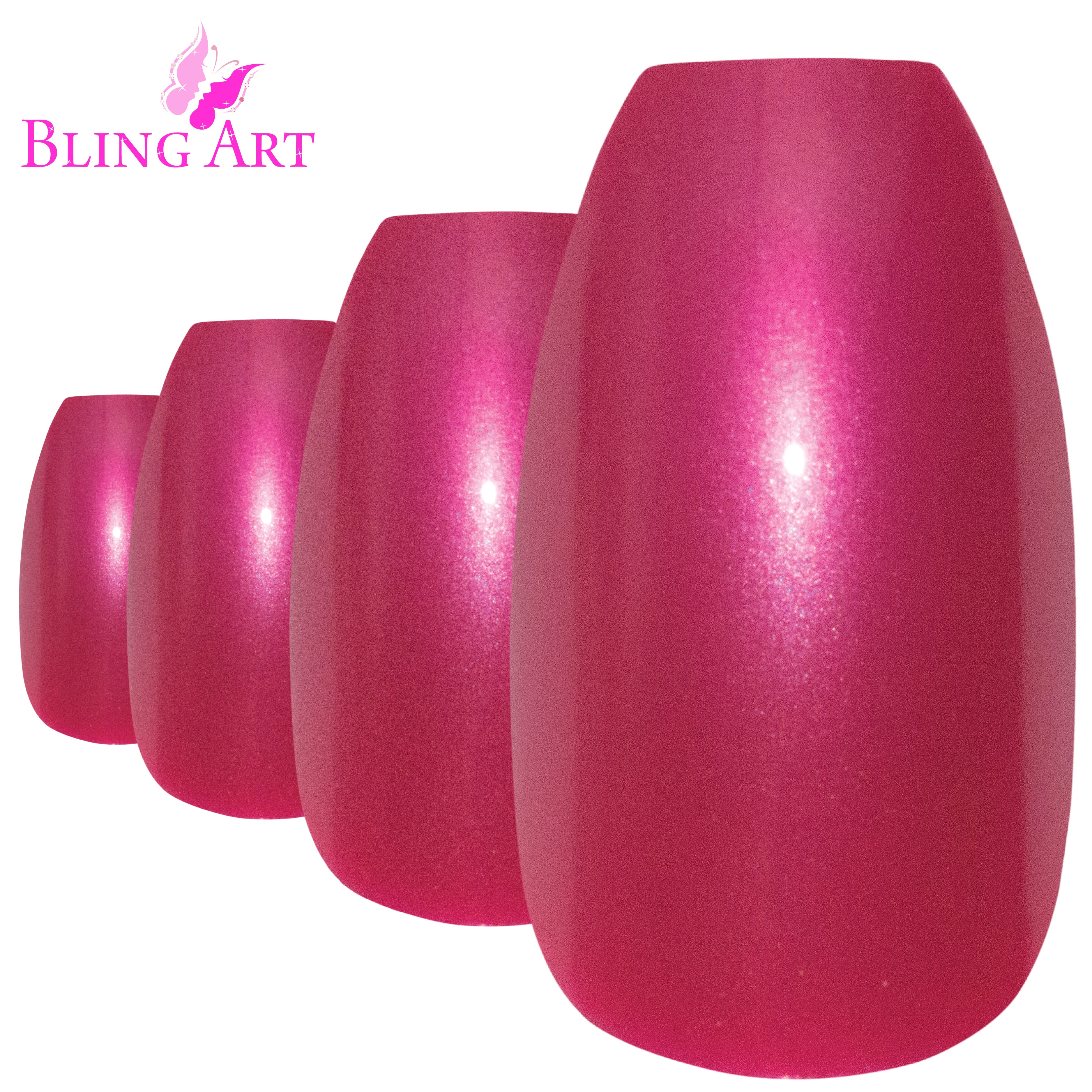 Bling Art Red glitter ballerina coffin press-on nail set packaging — 24 nails, 12 sizes XS-XXL, file and cuticle stick included. Glue not included.