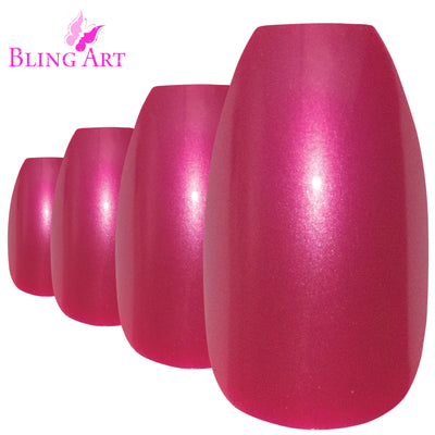 Crimson red glitter ballerina coffin long press-on false nails by Bling Art — bold sparkle for date nights, parties, and Valentine's Day · embedded fine red glitter · long ballerina coffin tips · 24 nails per set with adhesive · designed in Yorkshire