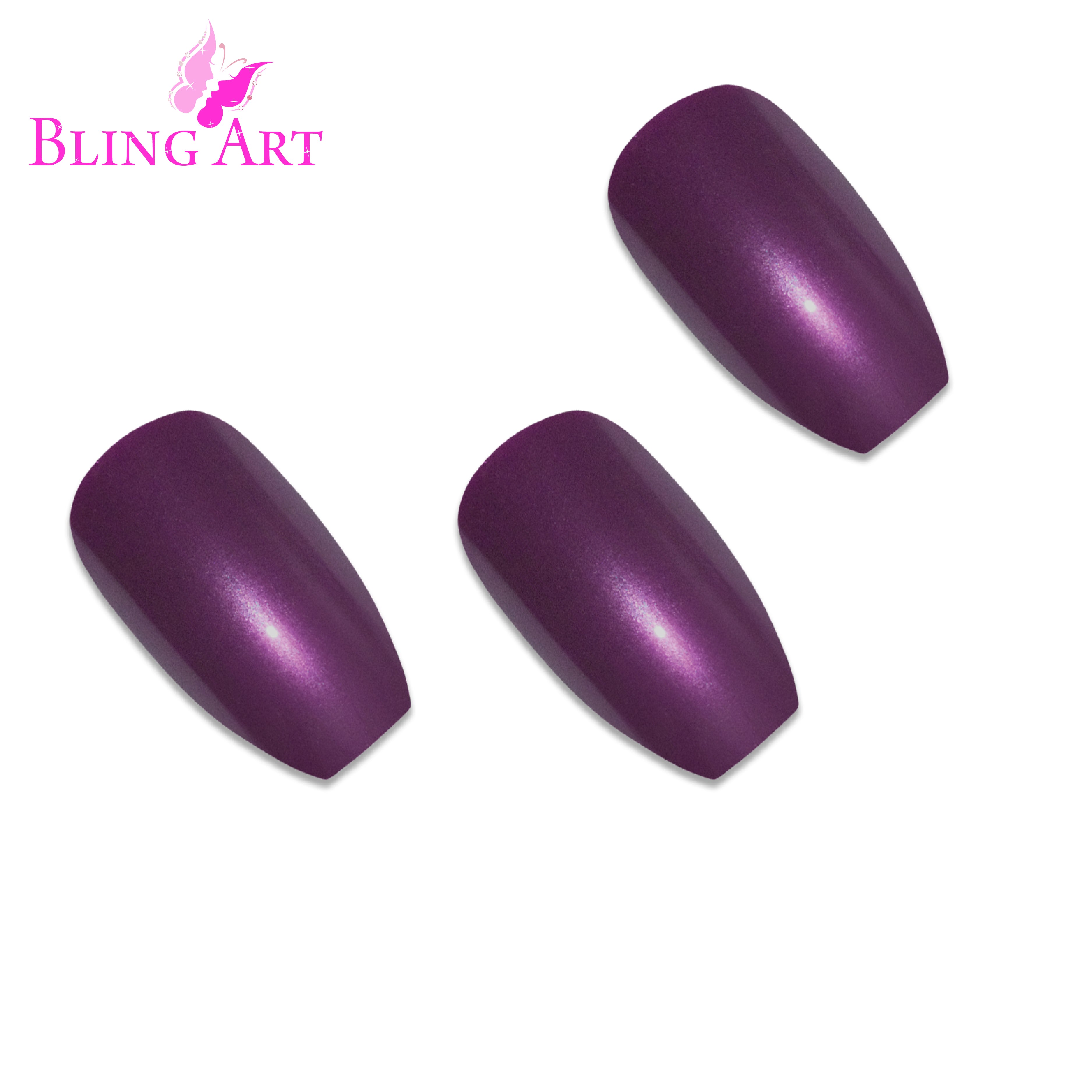 Bling Art Purple glitter ballerina coffin press-on nail set packaging — 24 nails, 12 sizes XS-XXL, file and cuticle stick included. Glue not included.