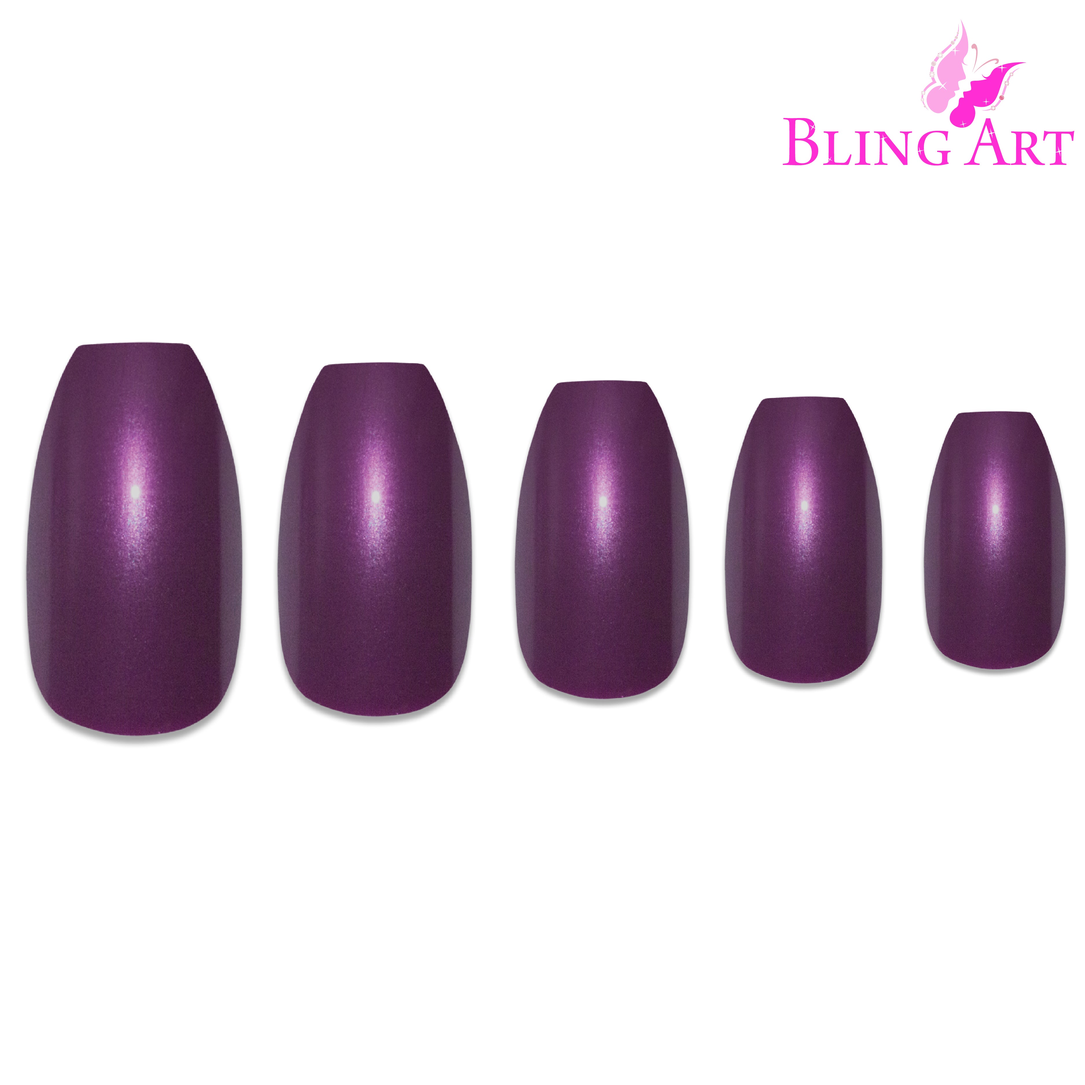 Purple glitter ballerina coffin Bling Art press-on nails — full-hand reveal showing all 24 nails for evening events and statement occasions.