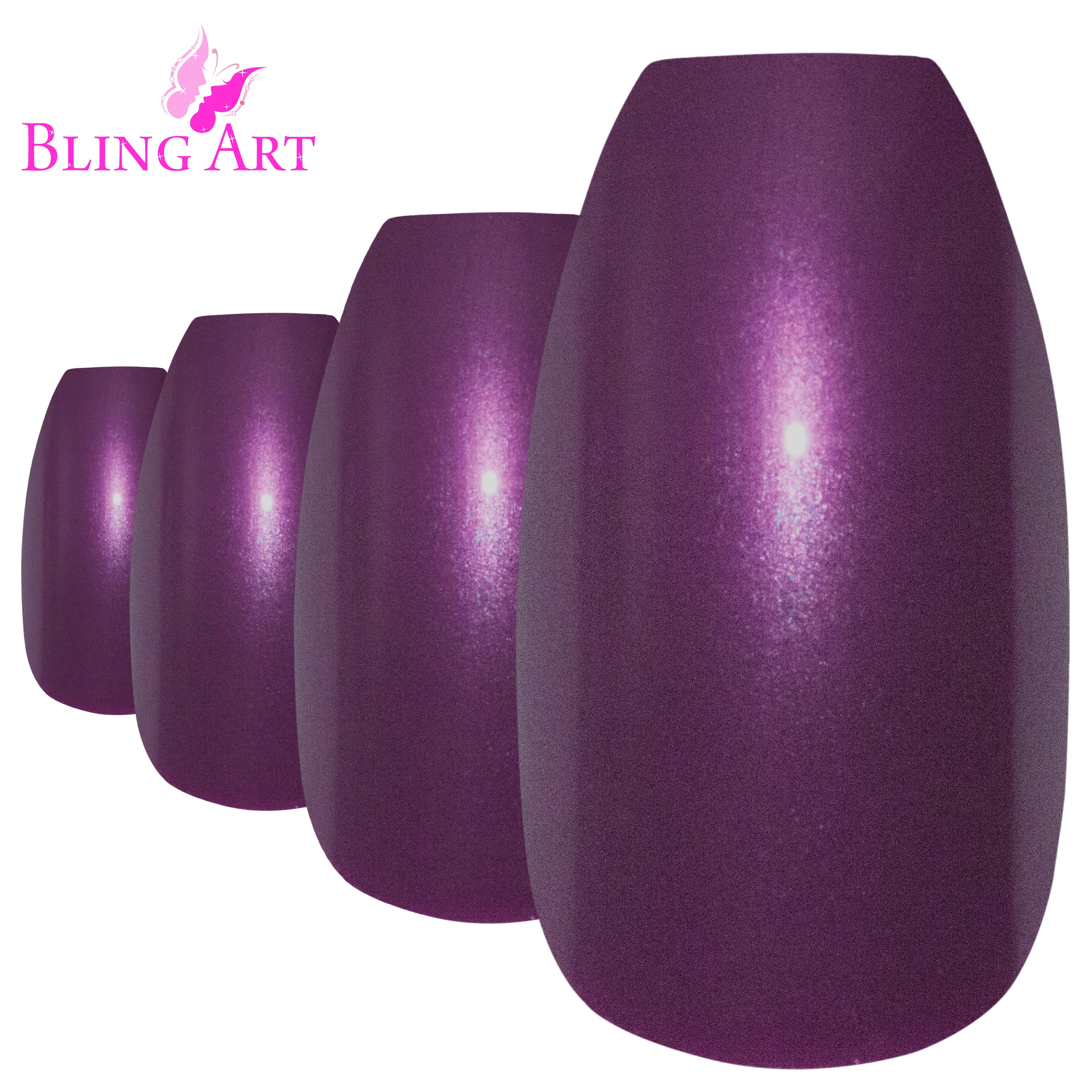 Purple glitter ballerina coffin Bling Art press-on nails — alternative angle revealing the glitter density on the long ballerina coffin shape.