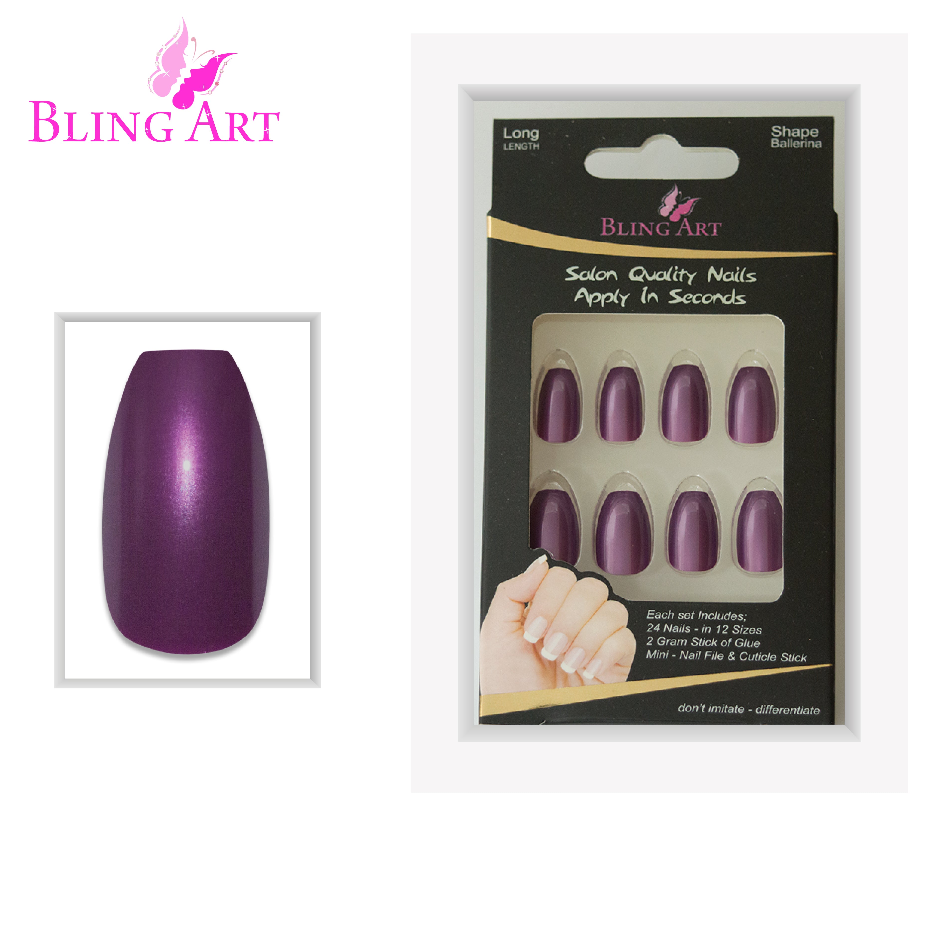 Purple glitter ballerina coffin Bling Art press-on nails — lifestyle context shot showing the jewel-tone aubergine sparkle.