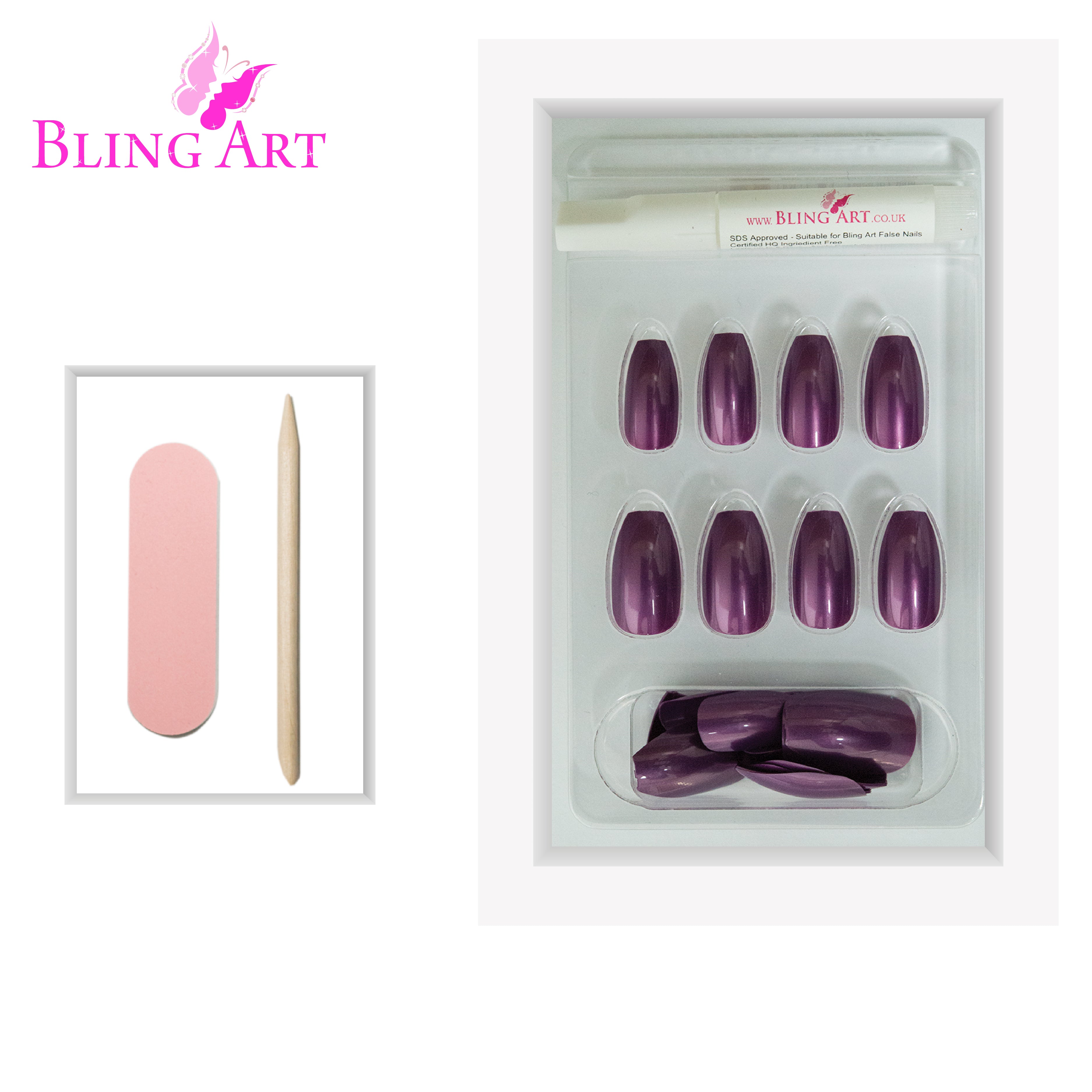 Purple glitter ballerina coffin Bling Art press-on nails — additional product view showing the aubergine sparkle silhouette.