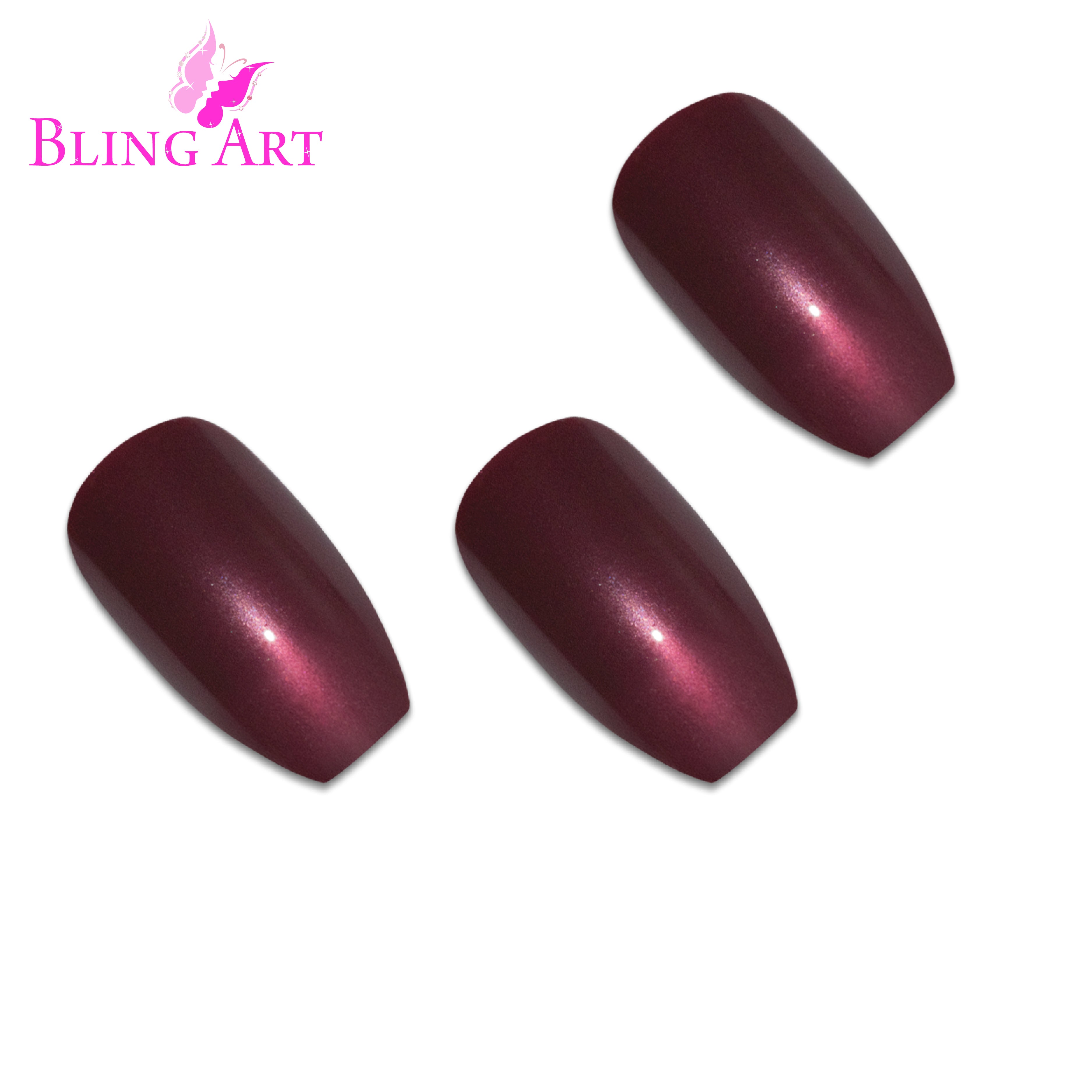 Red Brown glitter ballerina coffin Bling Art press-on nails — worn-hand close-up showing the chestnut red-brown sparkle on long ballerina coffin tips. Ballerina = Coffin (same shape).