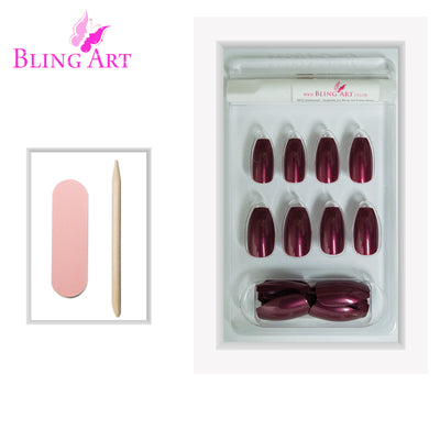 Warm chestnut red-brown glitter ballerina coffin long press-on false nails by Bling Art — autumnal sparkle for seasonal events and elegant evenings · embedded fine red-brown glitter · long ballerina coffin tips · 24 nails per set with adhesive · designed in Yorkshire