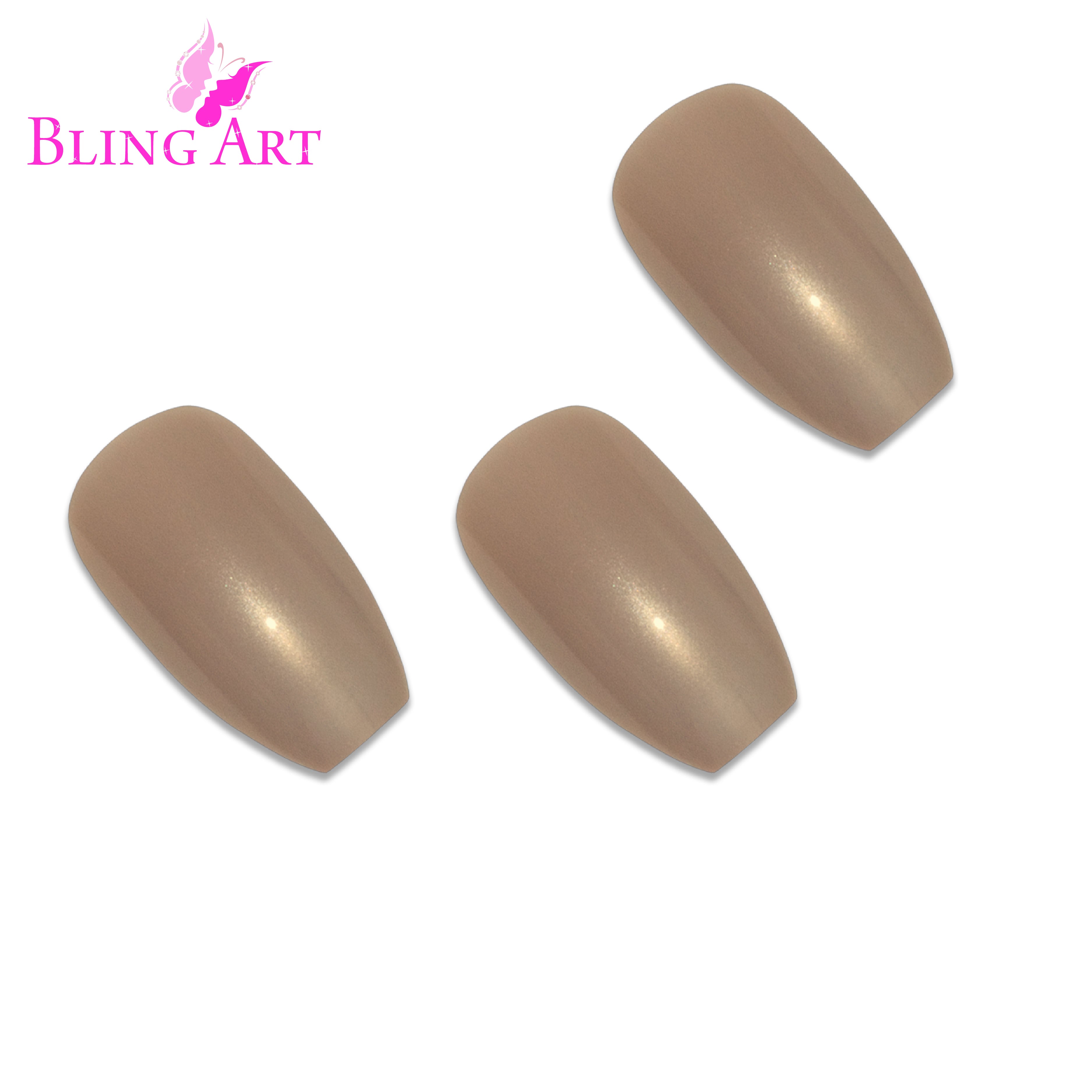 Beige glitter ballerina coffin Bling Art press-on nails — worn-hand close-up showing the soft warm-beige sparkle on long ballerina coffin tips. Ballerina = Coffin (same shape).