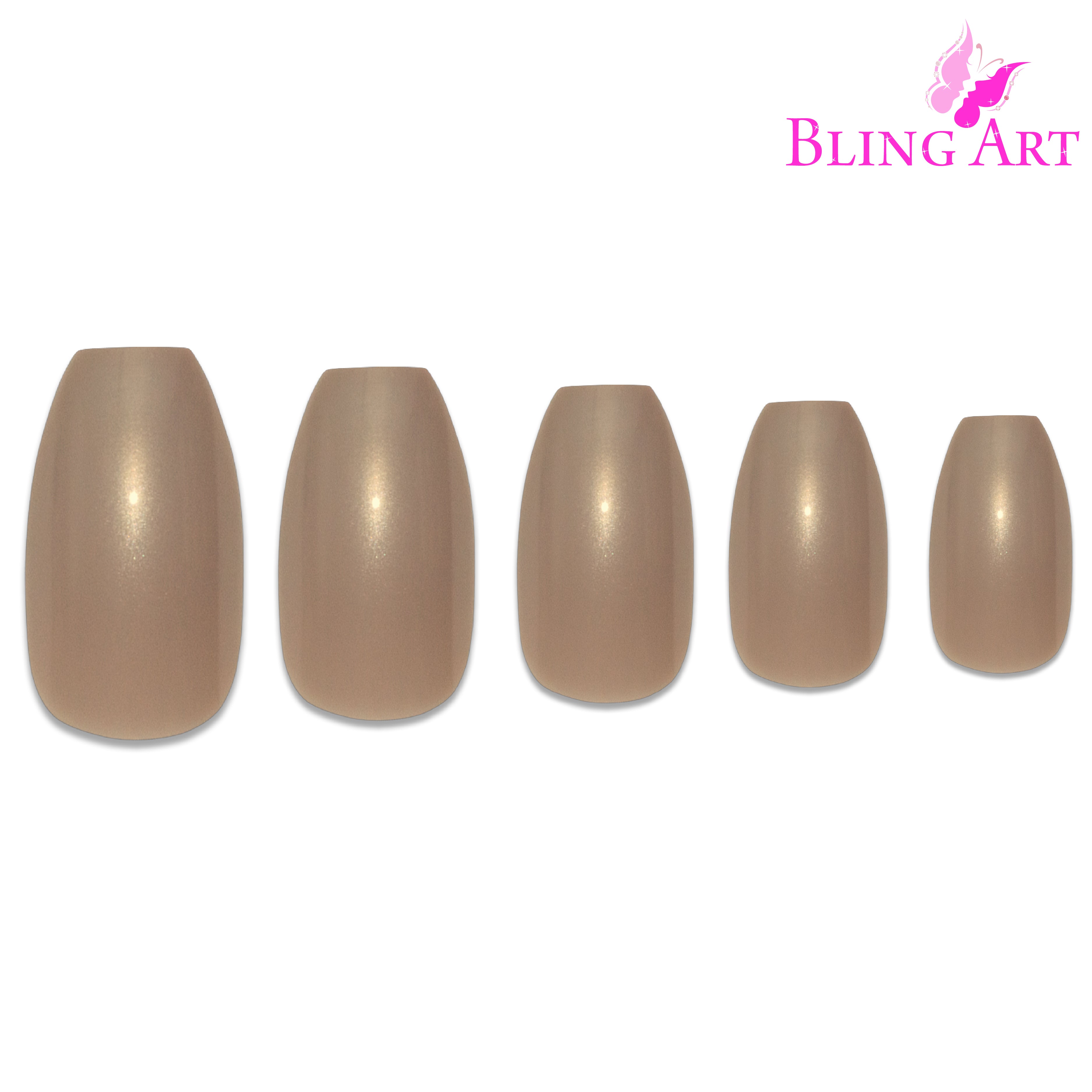 Beige glitter ballerina coffin Bling Art press-on nails — alternative angle revealing the glitter density on the long ballerina coffin shape.