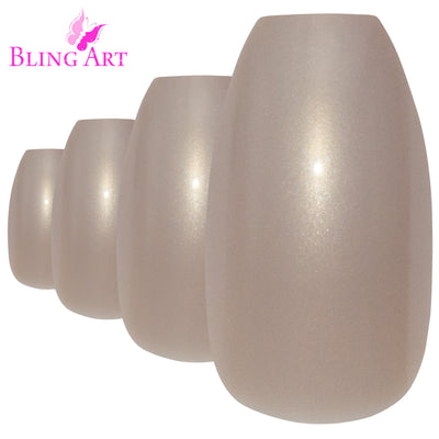 Soft warm-beige glitter ballerina coffin long press-on false nails by Bling Art — soft sparkle for weddings, romantic occasions, and elegant evenings · embedded fine beige glitter · long ballerina coffin tips · 24 nails per set with adhesive · designed in Yorkshire