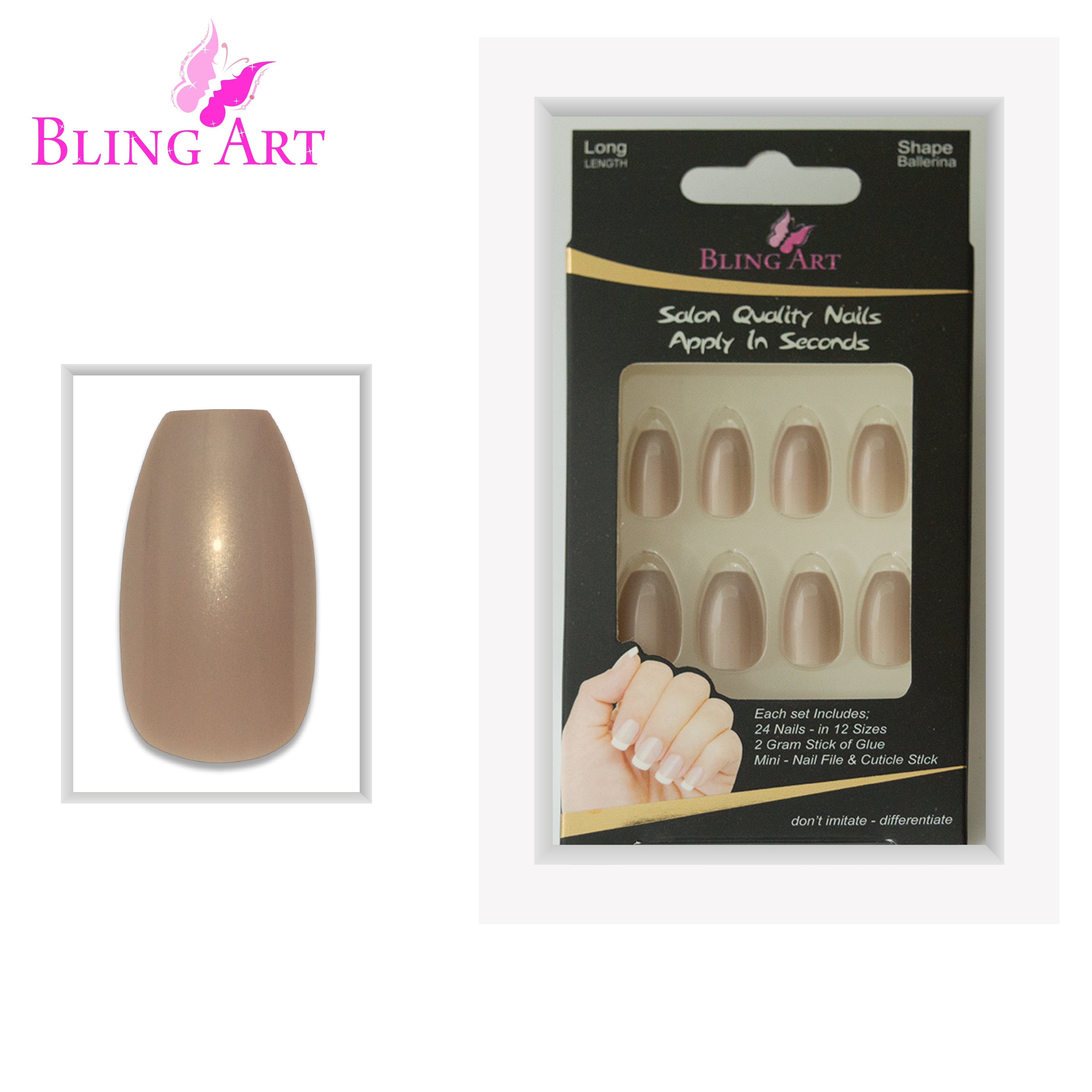 Beige glitter ballerina coffin Bling Art press-on nails — full-hand reveal showing all 24 nails for weddings and romantic occasions.