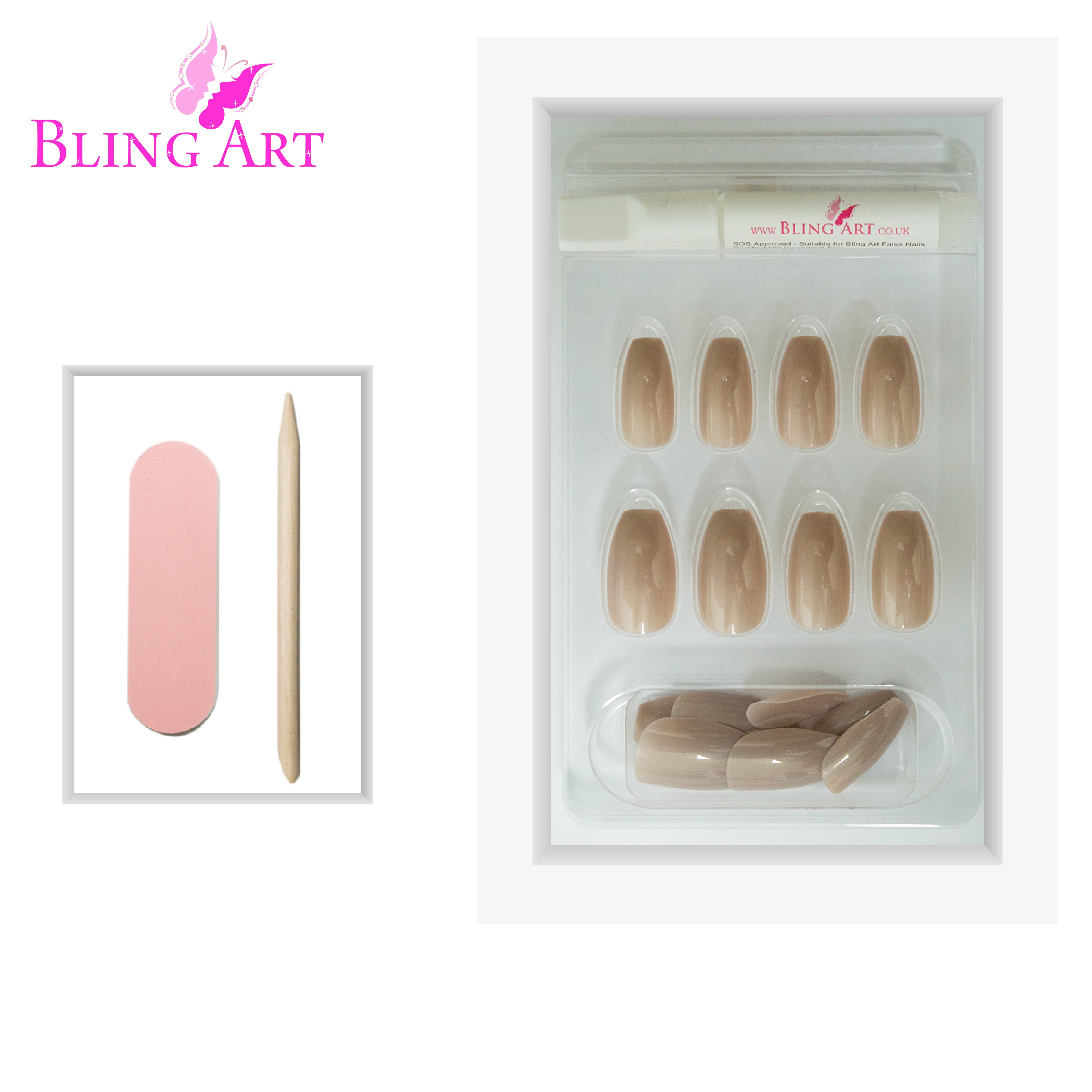 Beige glitter ballerina coffin Bling Art press-on nails — lifestyle context shot showing the soft warm-beige sparkle in elegant settings.