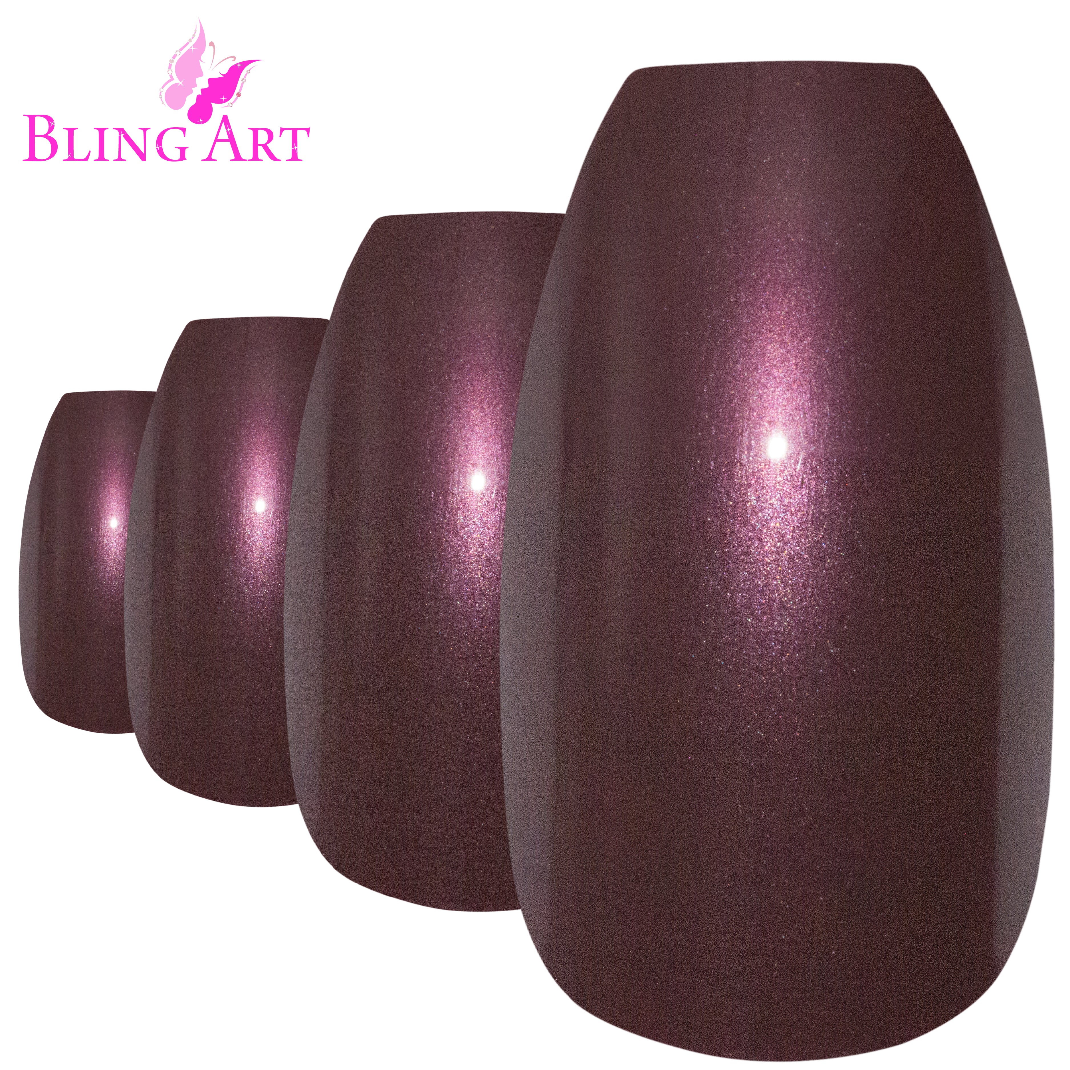Brown glitter ballerina coffin Bling Art press-on nails — worn-hand close-up showing the chocolate-brown sparkle on long ballerina coffin tips.