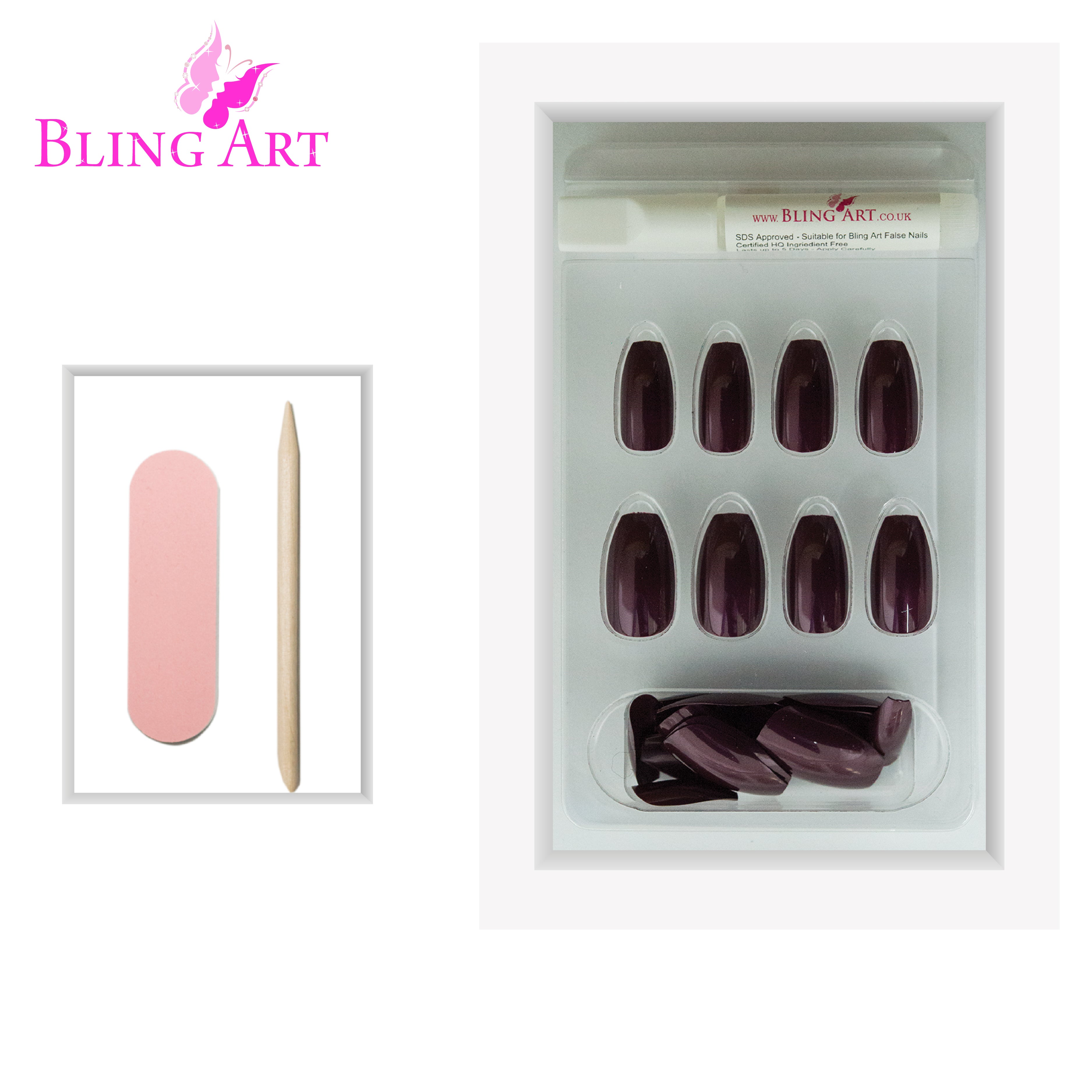 Bling Art Brown glitter ballerina coffin press-on nail set packaging — 24 nails, 12 sizes XS-XXL, file and cuticle stick included. Glue not included.