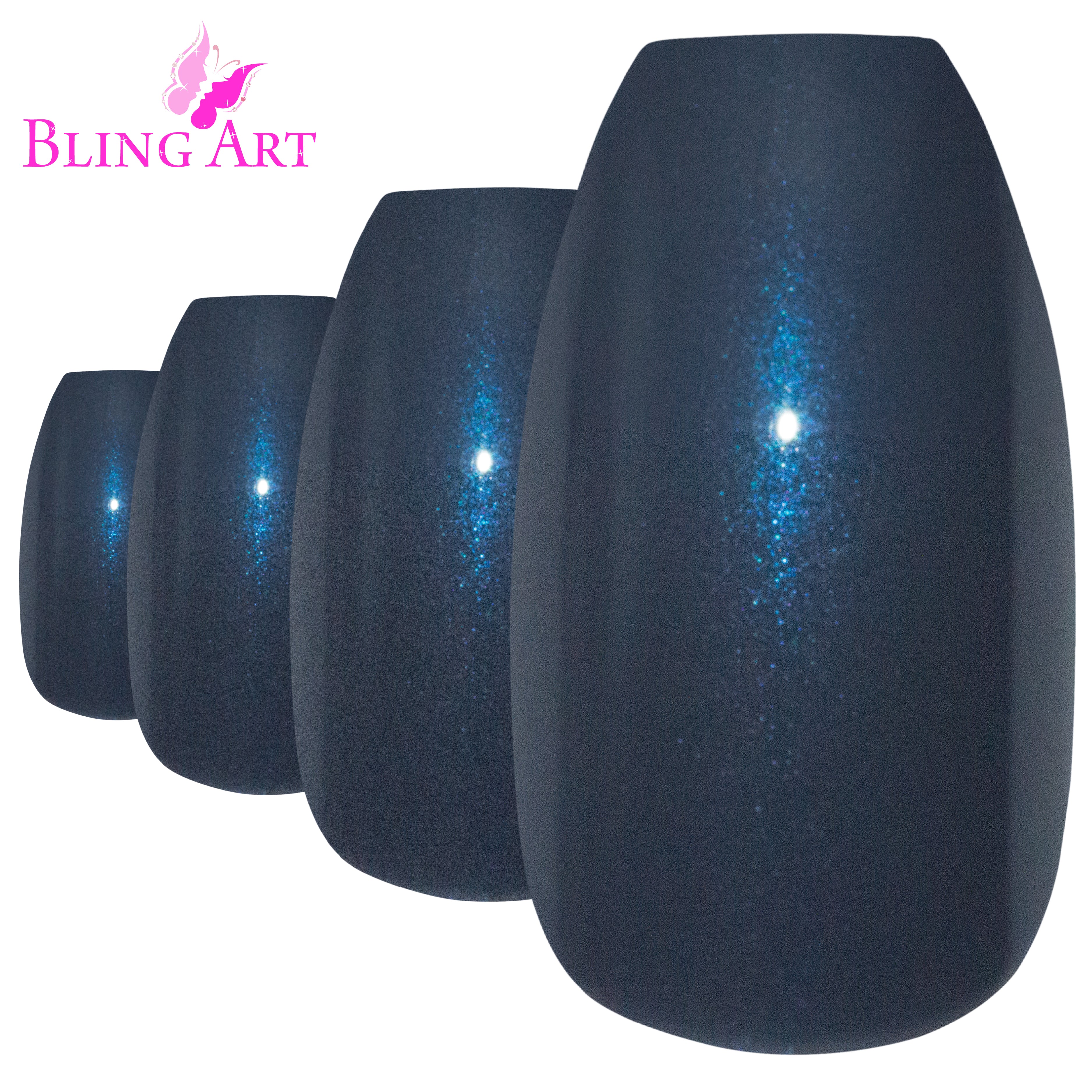 Bling Art Grey glitter ballerina coffin press-on nail set packaging — 24 nails, 12 sizes XS-XXL, file and cuticle stick included. Glue not included.