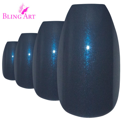 Cool slate grey glitter ballerina coffin long press-on false nails by Bling Art — cool sparkle for parties, Christmas events, and modern occasions · embedded fine grey glitter · long ballerina coffin tips · 24 nails per set with adhesive · designed in Yorkshire