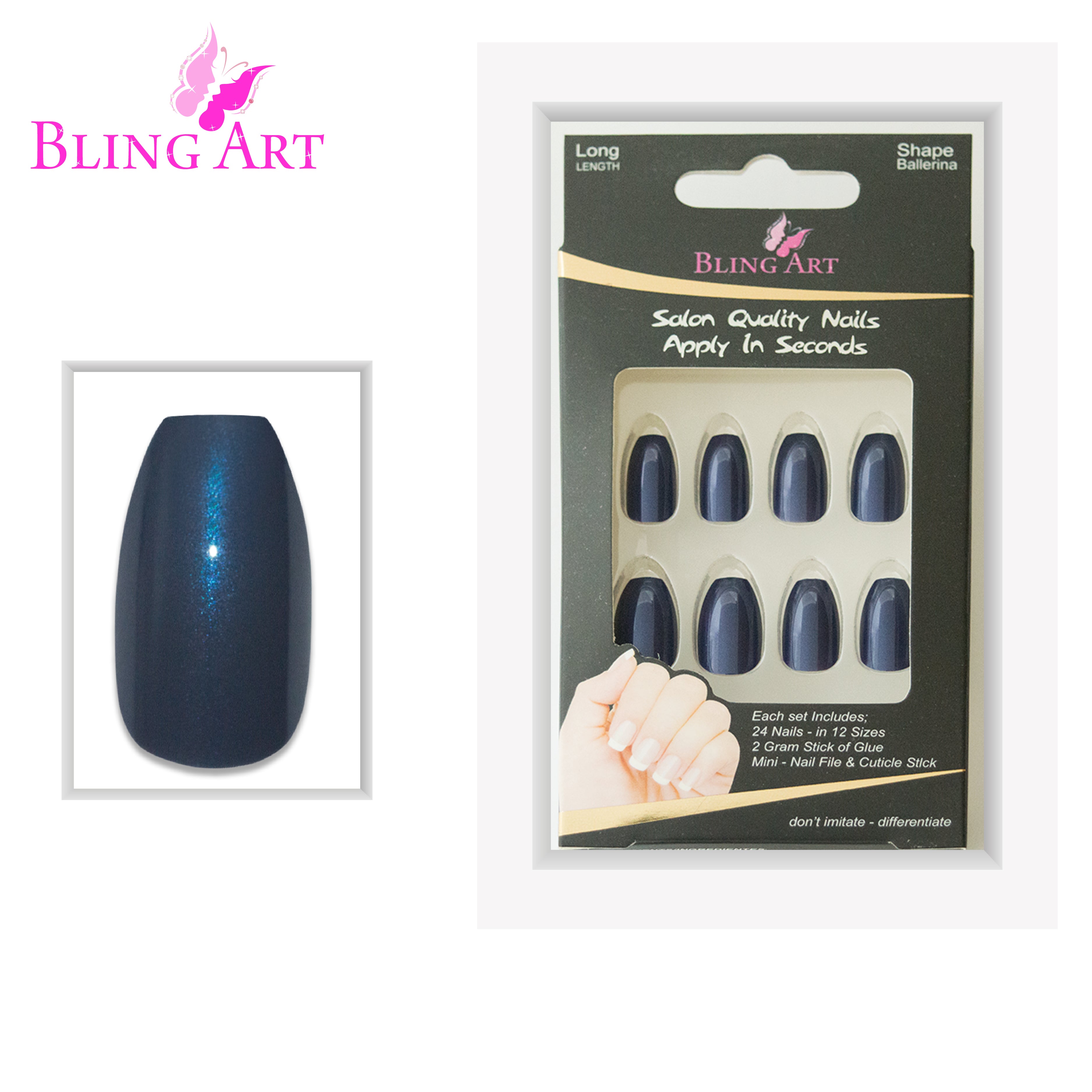 Grey glitter ballerina coffin Bling Art press-on nails — lifestyle context shot showing the cool slate-grey sparkle.
