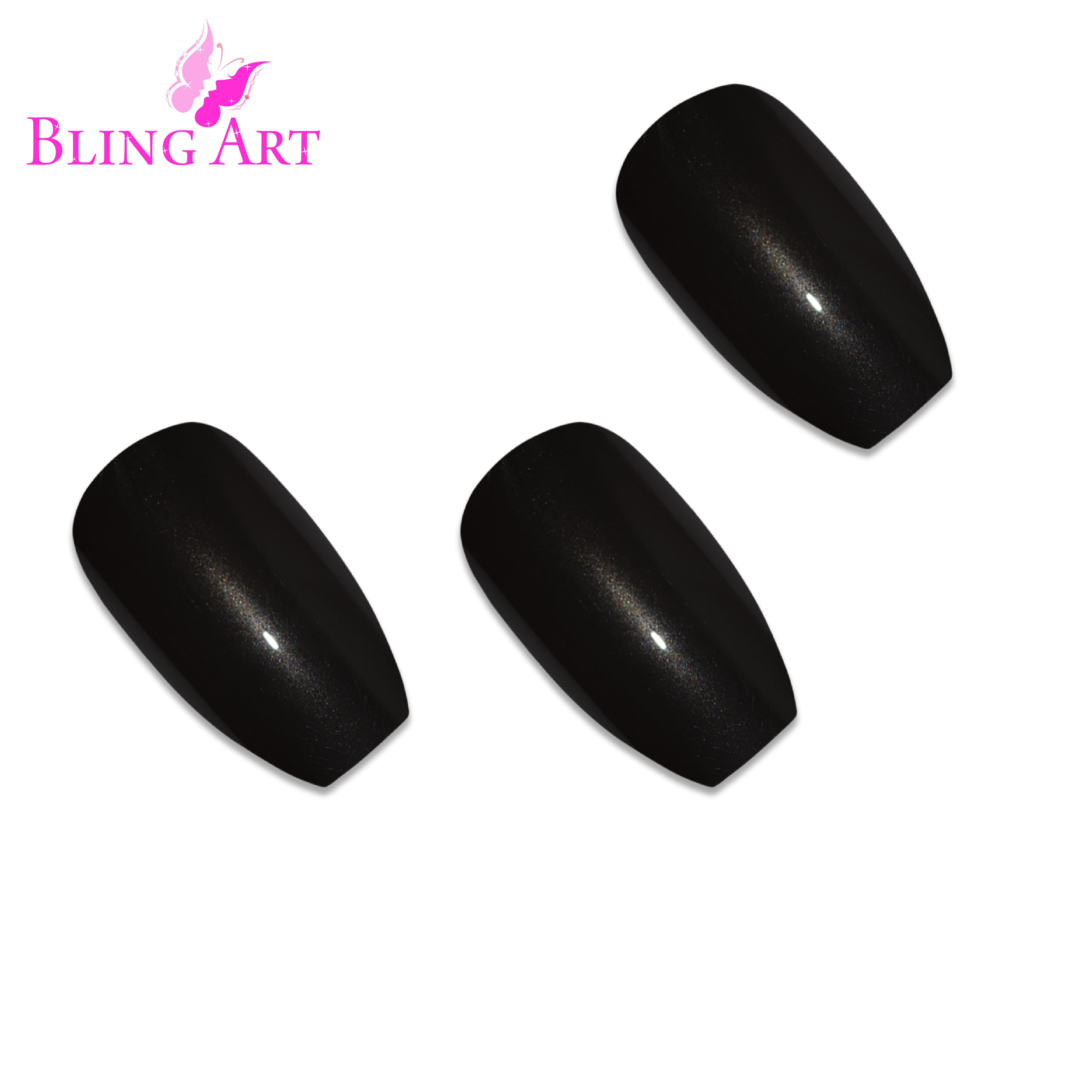 Black glitter ballerina coffin Bling Art press-on nails — worn-hand close-up showing the jet-black sparkle on long ballerina coffin tips. Ballerina = Coffin (same shape).