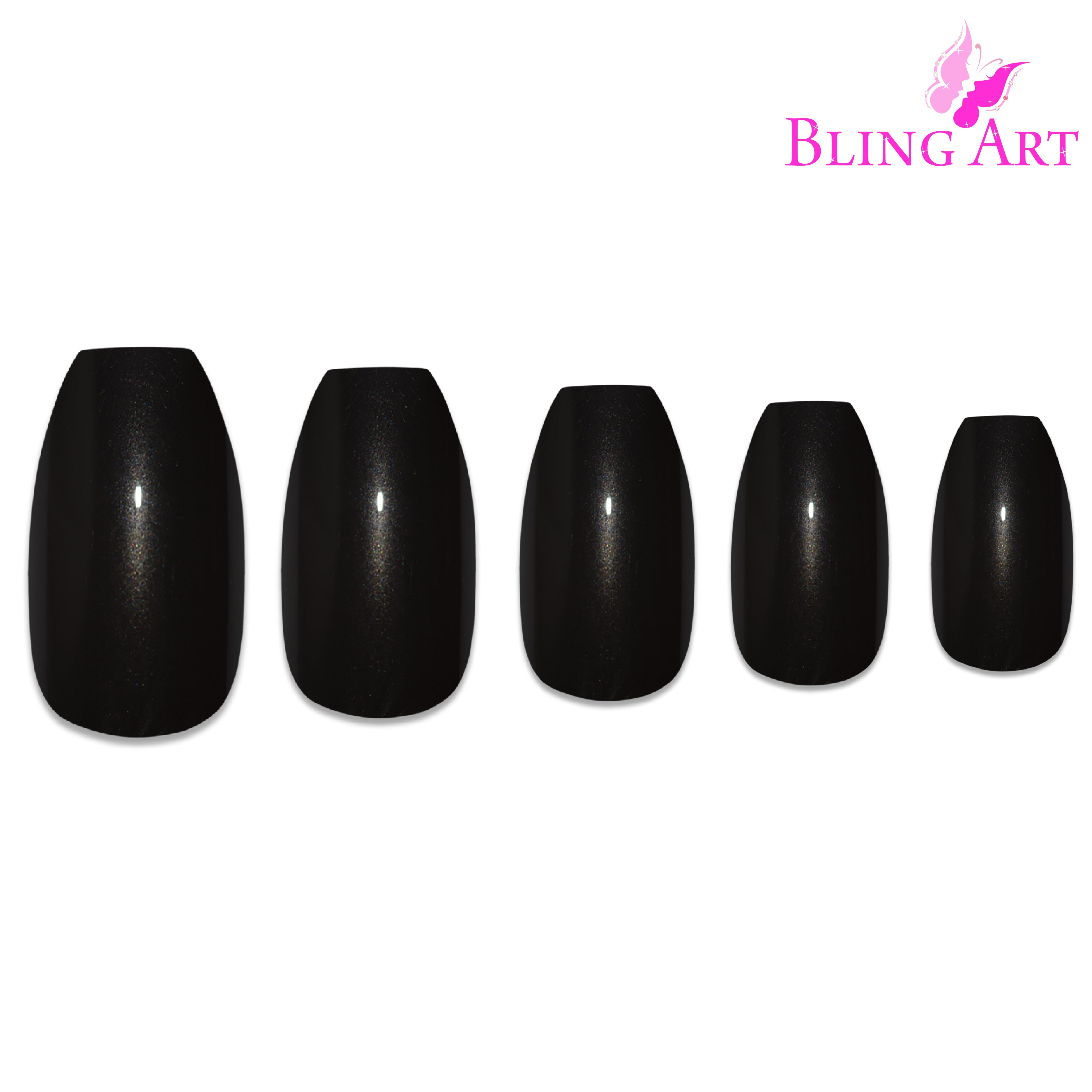 Black glitter ballerina coffin Bling Art press-on nails — alternative angle revealing the glitter density on the long ballerina coffin shape.