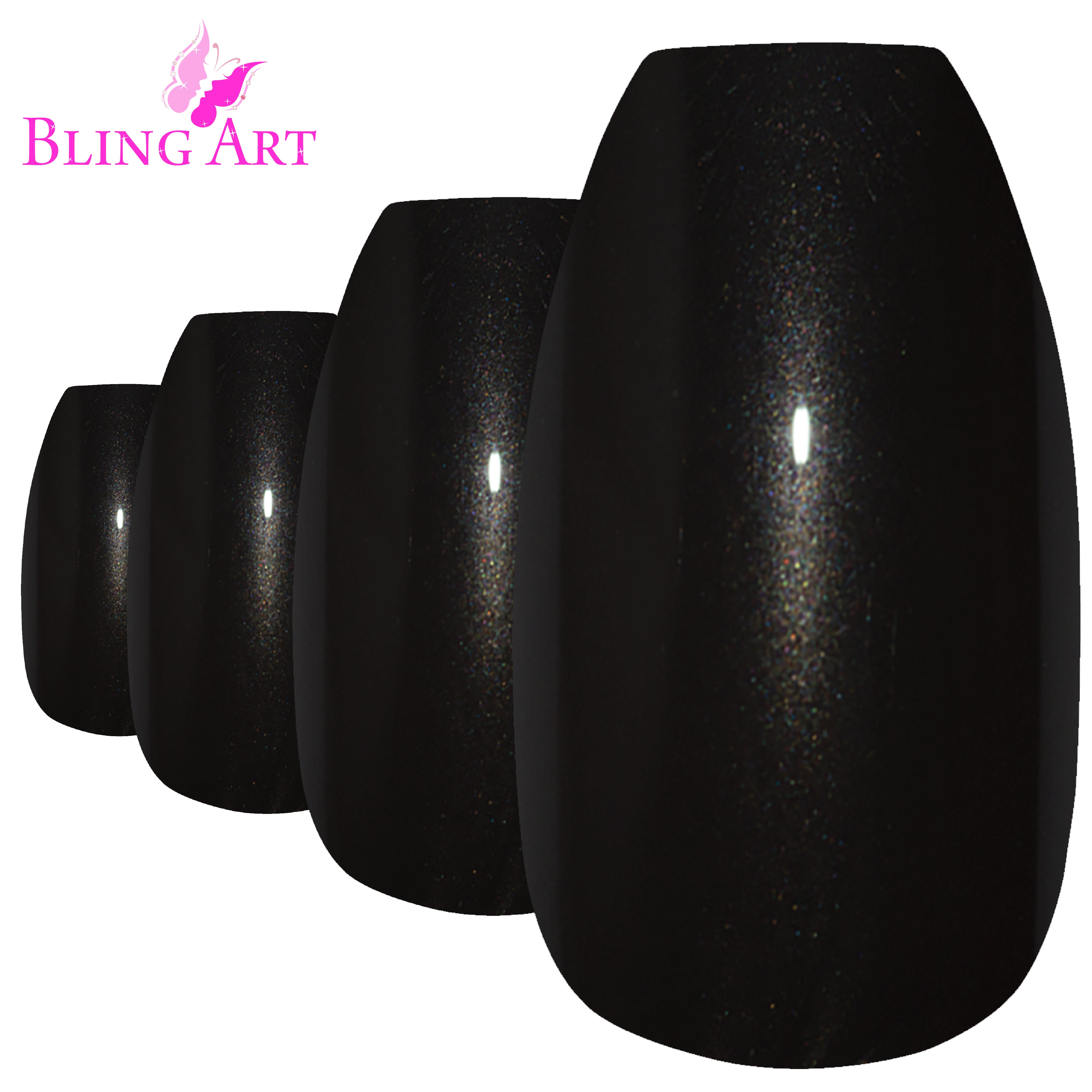 Bling Art Black glitter ballerina coffin press-on nail set packaging — 24 nails, 12 sizes XS-XXL, file and cuticle stick included. Glue not included.