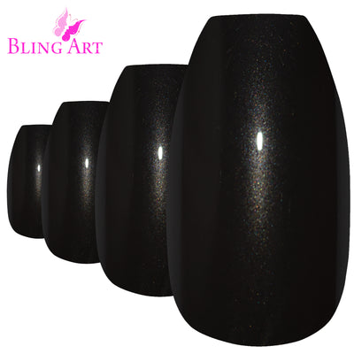 Deep jet black glitter ballerina coffin long press-on false nails by Bling Art — evening glamour for parties, New Year, and statement events · embedded fine black glitter · long ballerina coffin tips · 24 nails per set with adhesive · designed in Yorkshire