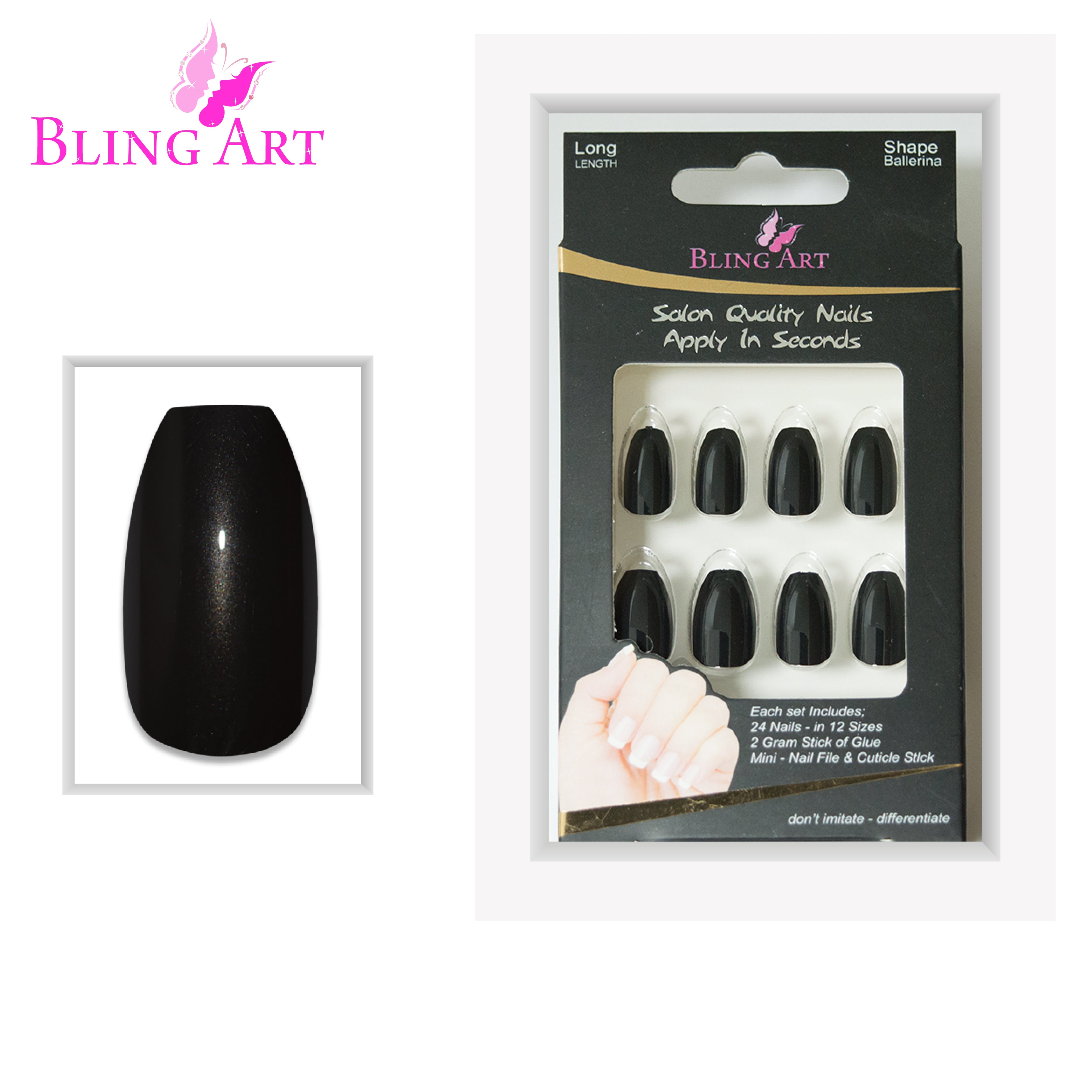 Black glitter ballerina coffin Bling Art press-on nails — full-hand reveal showing all 24 nails for parties, NYE and statement events.
