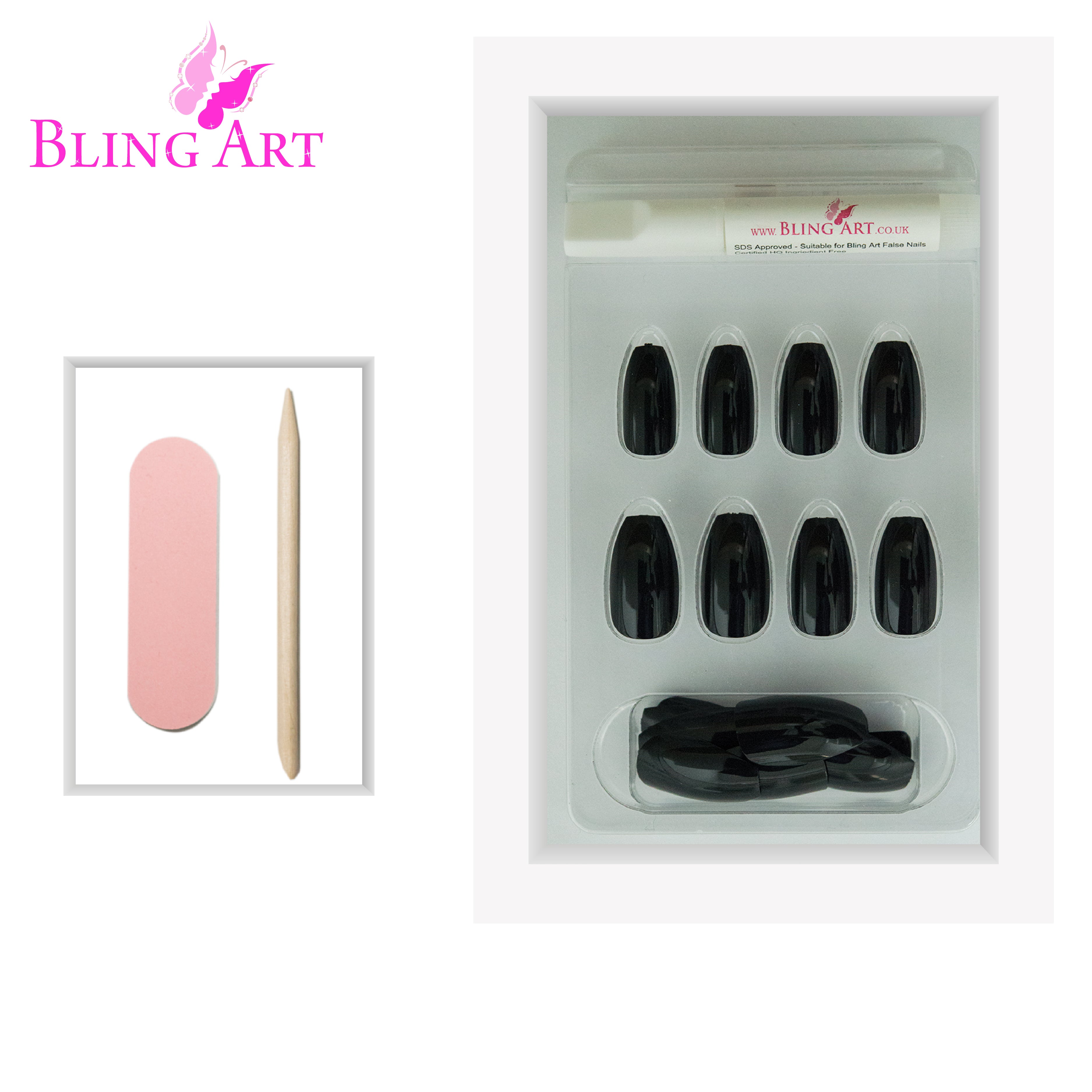 Black glitter ballerina coffin Bling Art press-on nails — lifestyle context shot showing the evening-glamour jet-black sparkle.