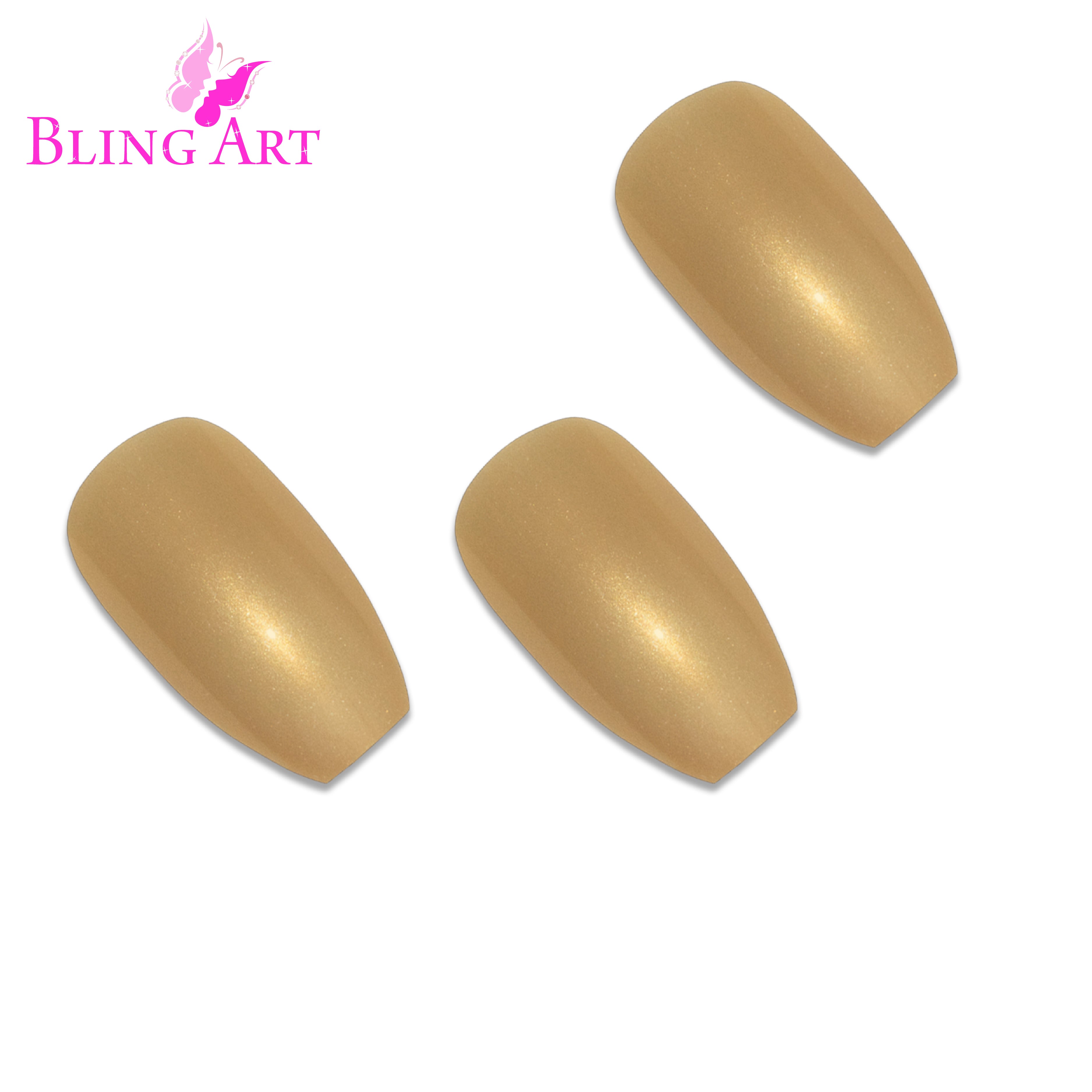 Gold glitter ballerina coffin Bling Art press-on nails — worn-hand close-up showing the champagne-gold sparkle on long ballerina coffin tips. Ballerina = Coffin (same shape).
