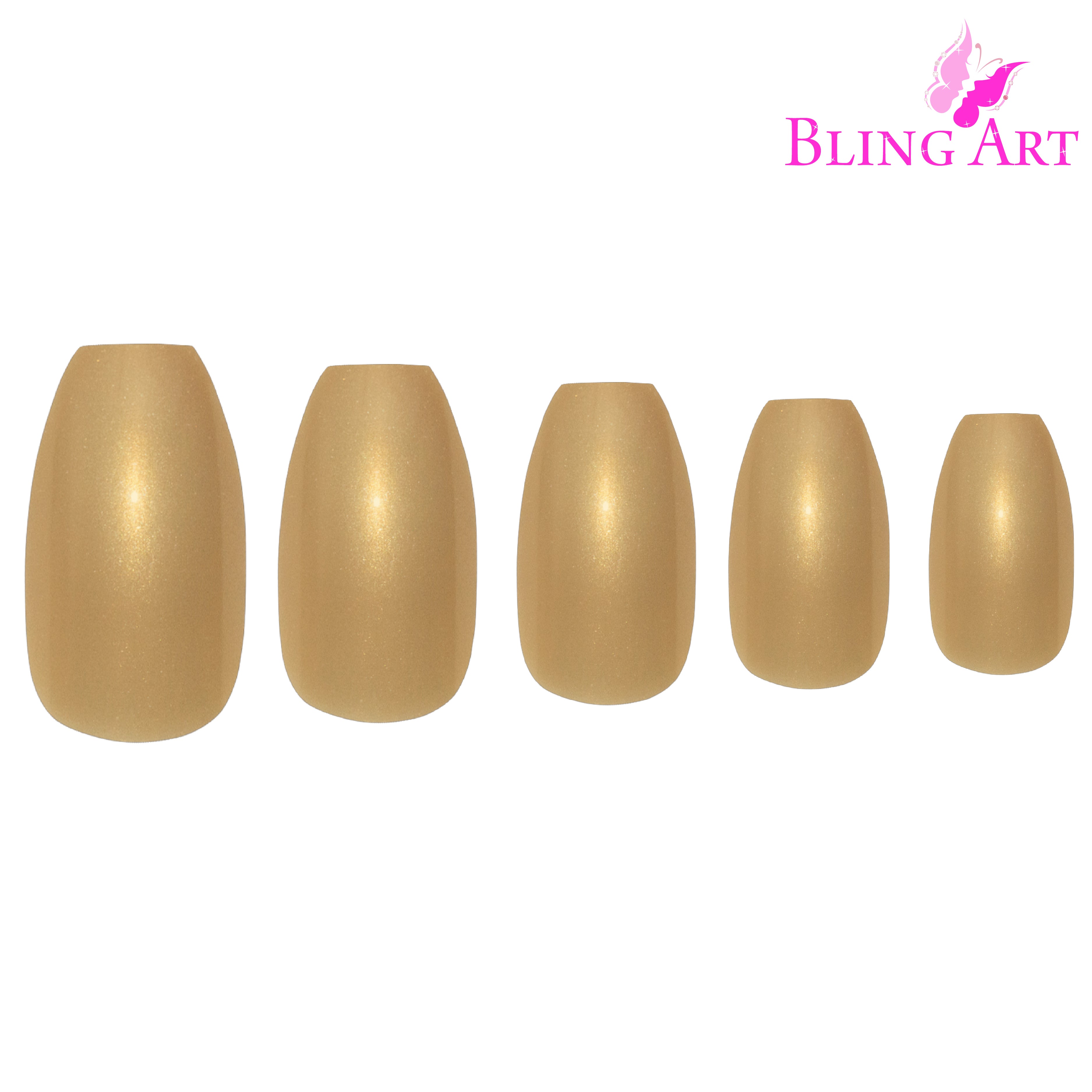 Gold glitter ballerina coffin Bling Art press-on nails — alternative angle revealing the glitter density on the long ballerina coffin shape.