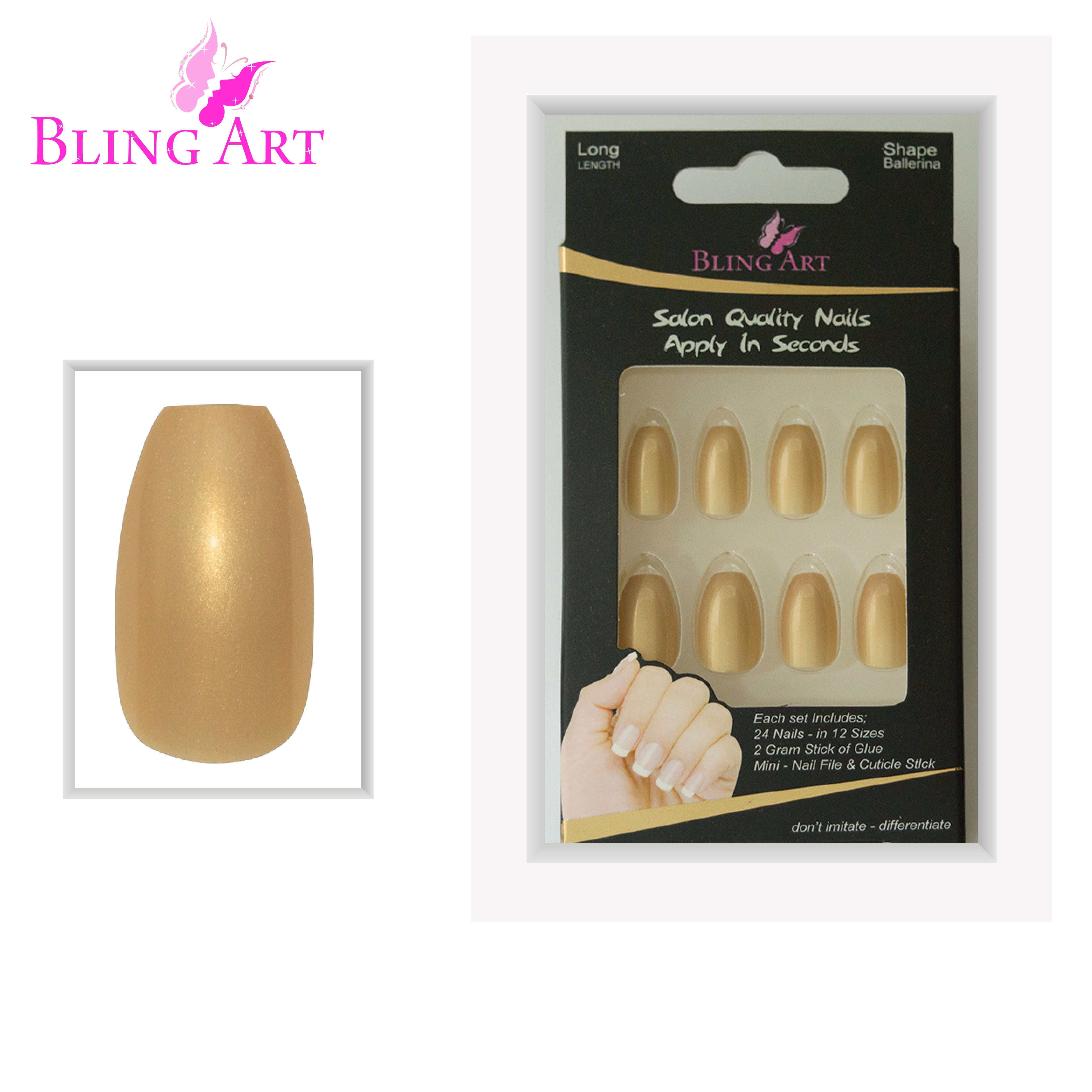 Gold glitter ballerina coffin Bling Art press-on nails — full-hand reveal showing all 24 nails for weddings, Christmas and festive parties.