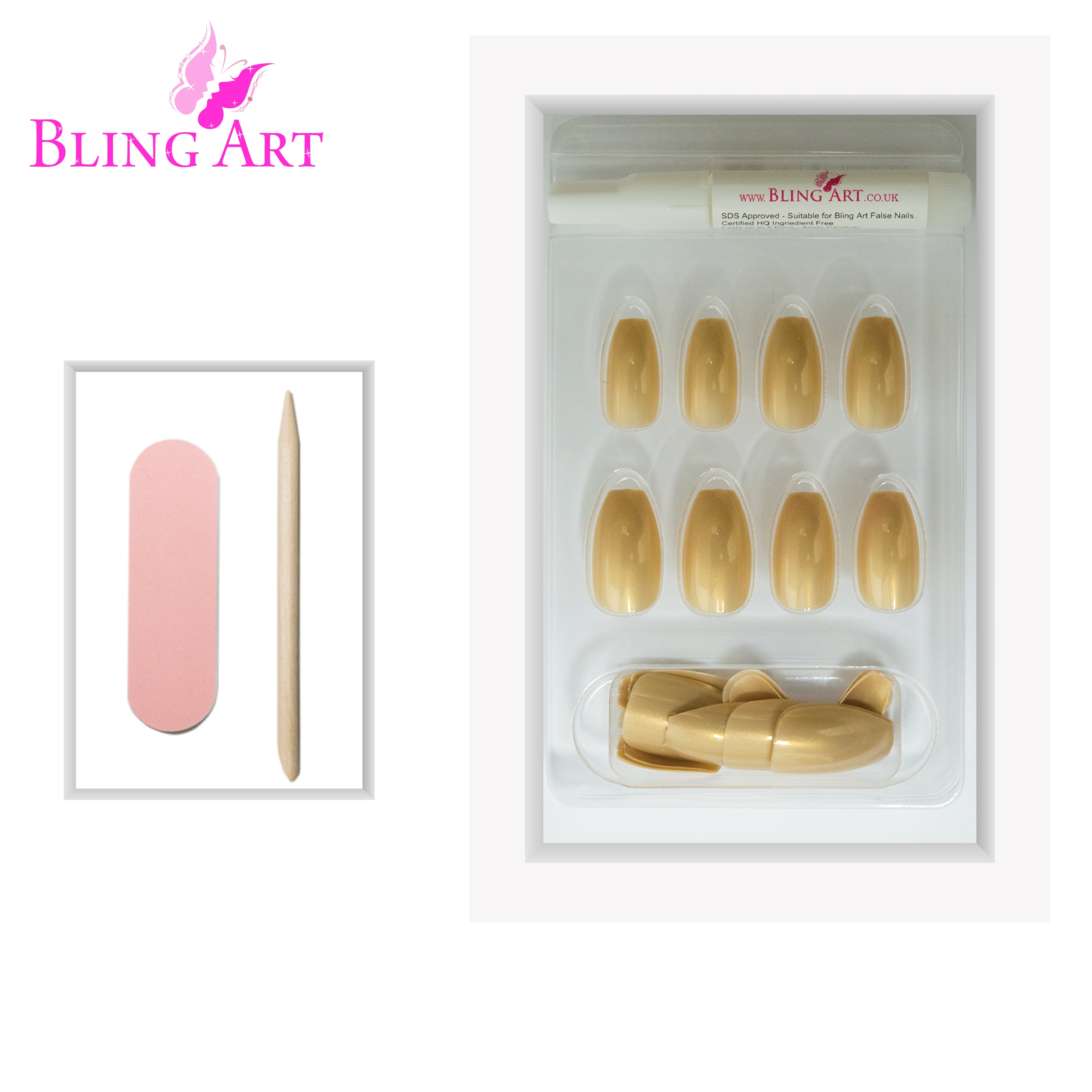 Bling Art Gold glitter ballerina coffin press-on nail set packaging — 24 nails, 12 sizes XS-XXL, file and cuticle stick included. Glue not included.