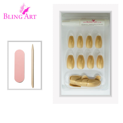Warm champagne gold glitter ballerina coffin long press-on false nails by Bling Art — celebration sparkle for weddings, Christmas, and statement events · embedded fine gold glitter · long ballerina coffin tips · 24 nails per set with adhesive · designed in Yorkshire