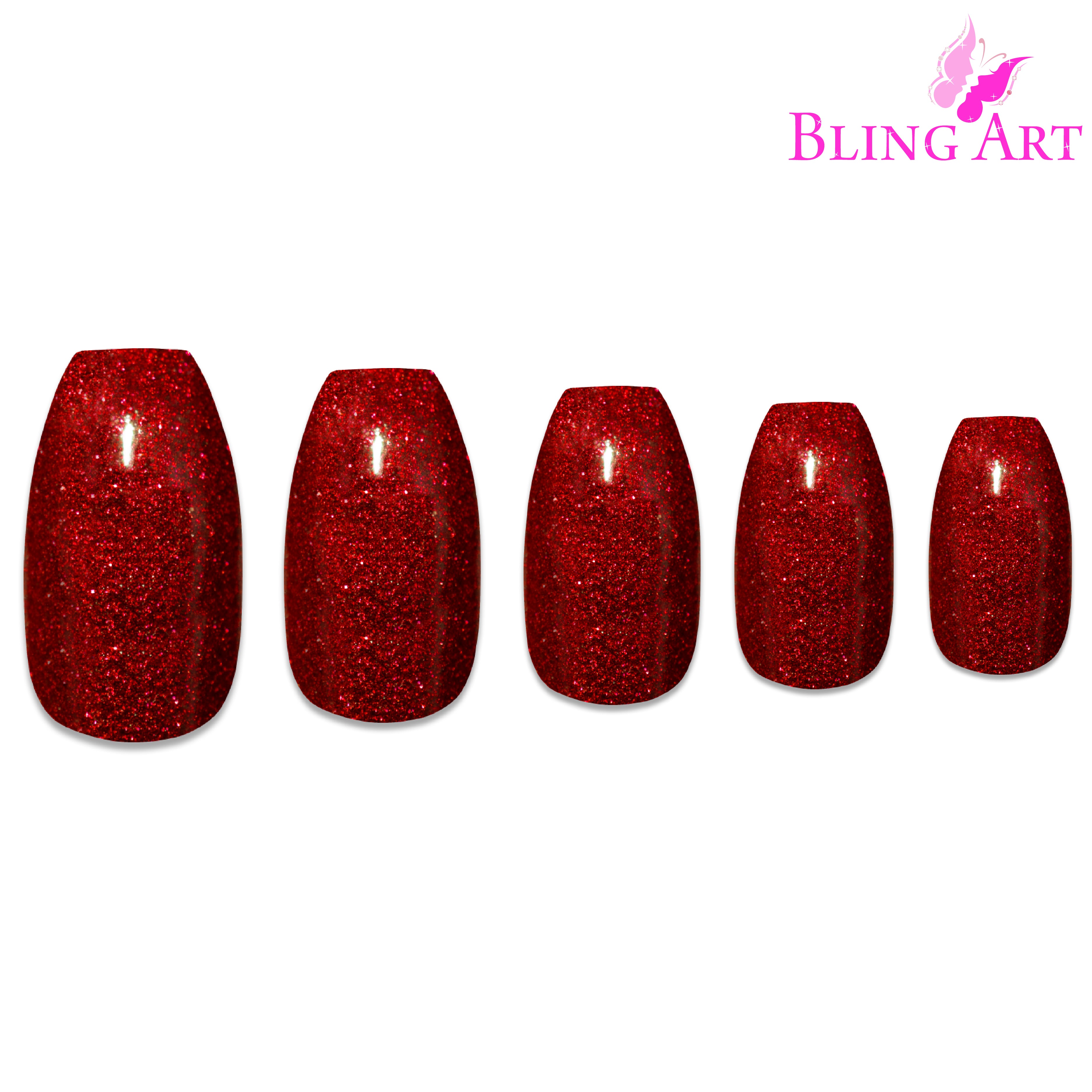 Red gel ballerina coffin Bling Art press-on nails — alternative angle revealing the bond line on the long ballerina coffin shape.