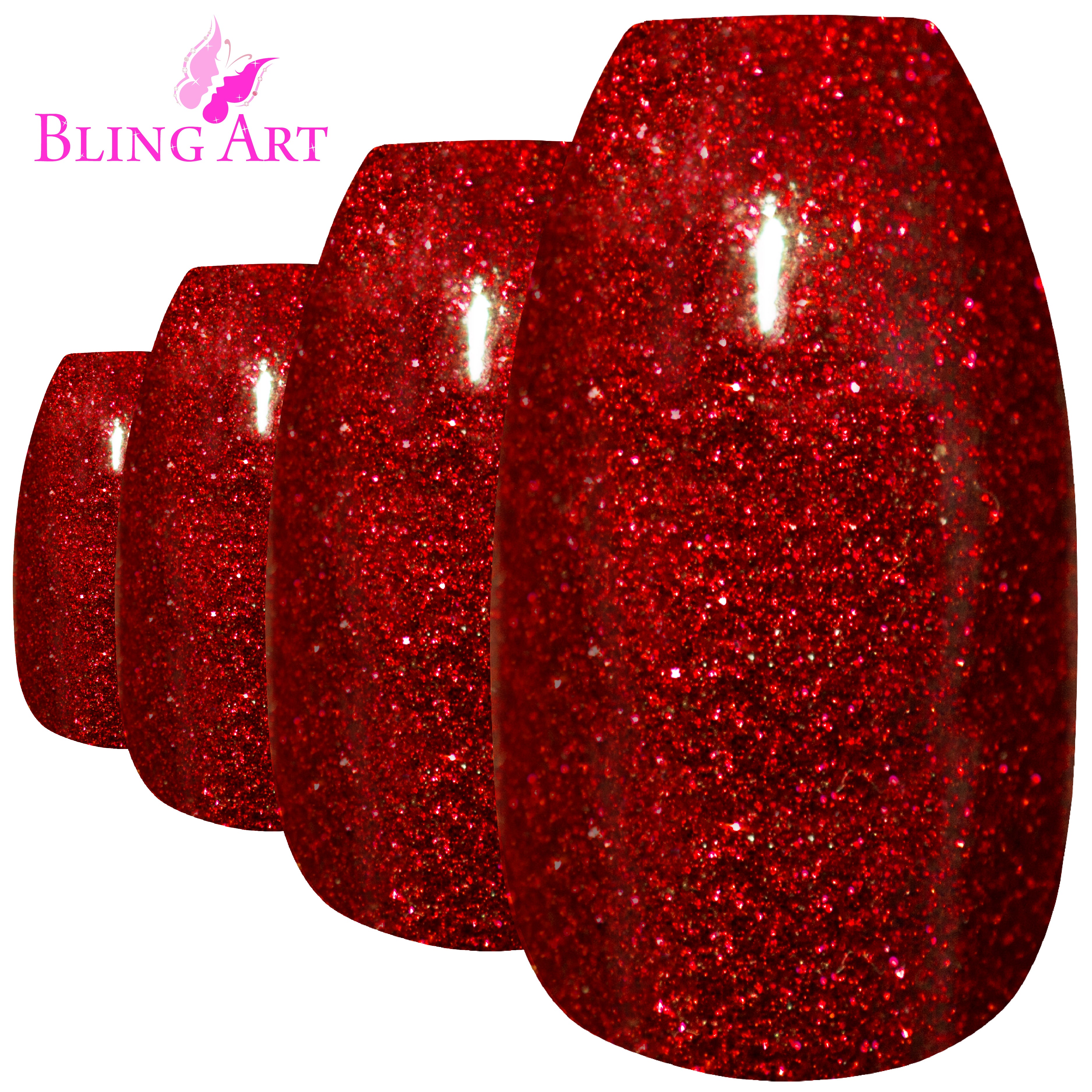 Red gel ballerina coffin Bling Art press-on nails — worn-hand close-up showing the crimson gel coat on long ballerina coffin tips. Ballerina = Coffin (same shape).