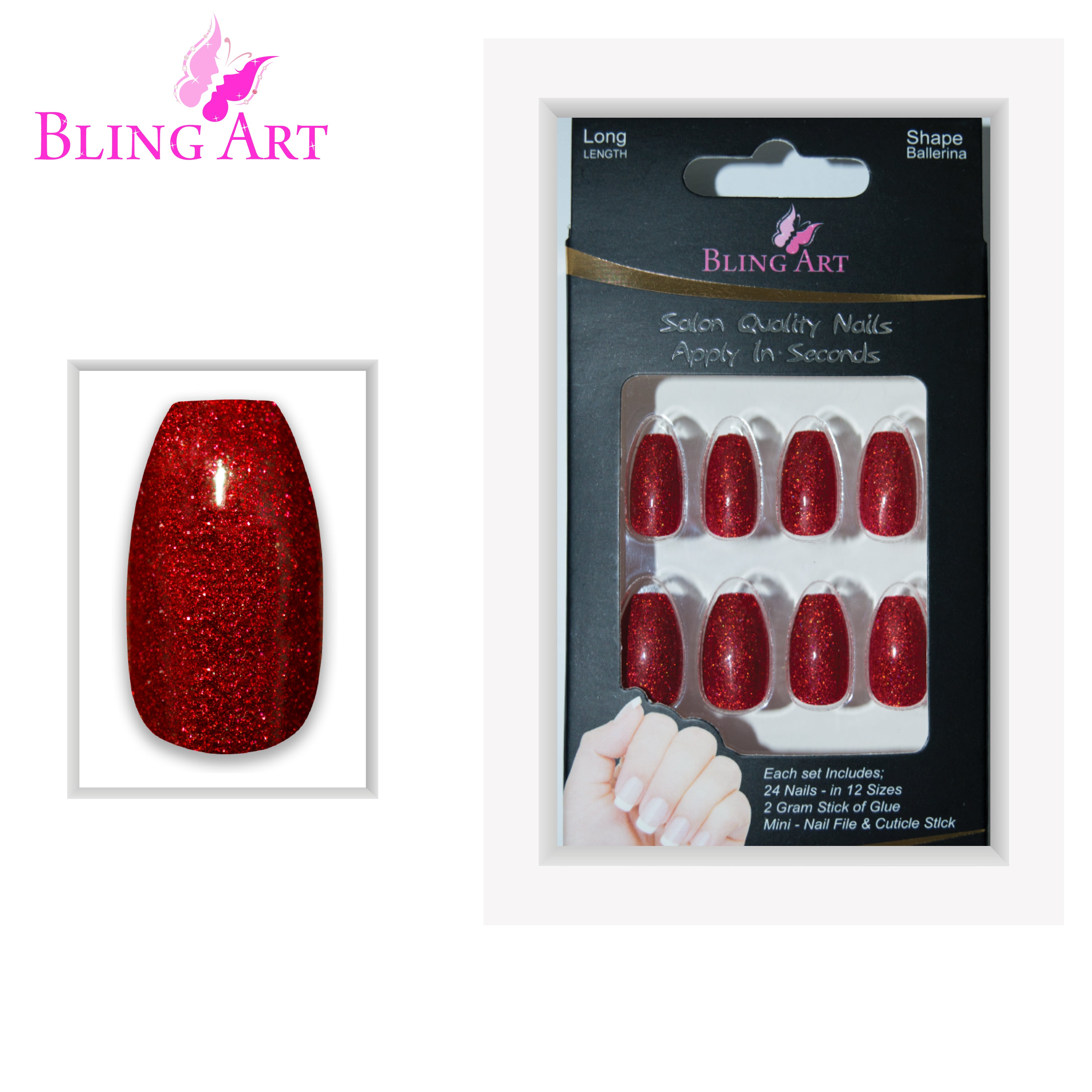 Red gel ballerina coffin Bling Art press-on nails — full-hand reveal showing all 24 nails for date nights and Valentine's.