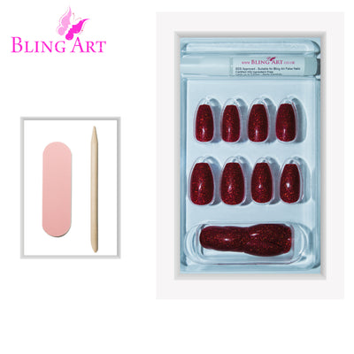 Deep crimson red gel ballerina coffin long press-on false nails by Bling Art — bold romantic statement for date nights, parties, and Valentine's Day · glossy salon-grade gel coat · long ballerina coffin tips · 24 nails per set with adhesive · designed in Yorkshire