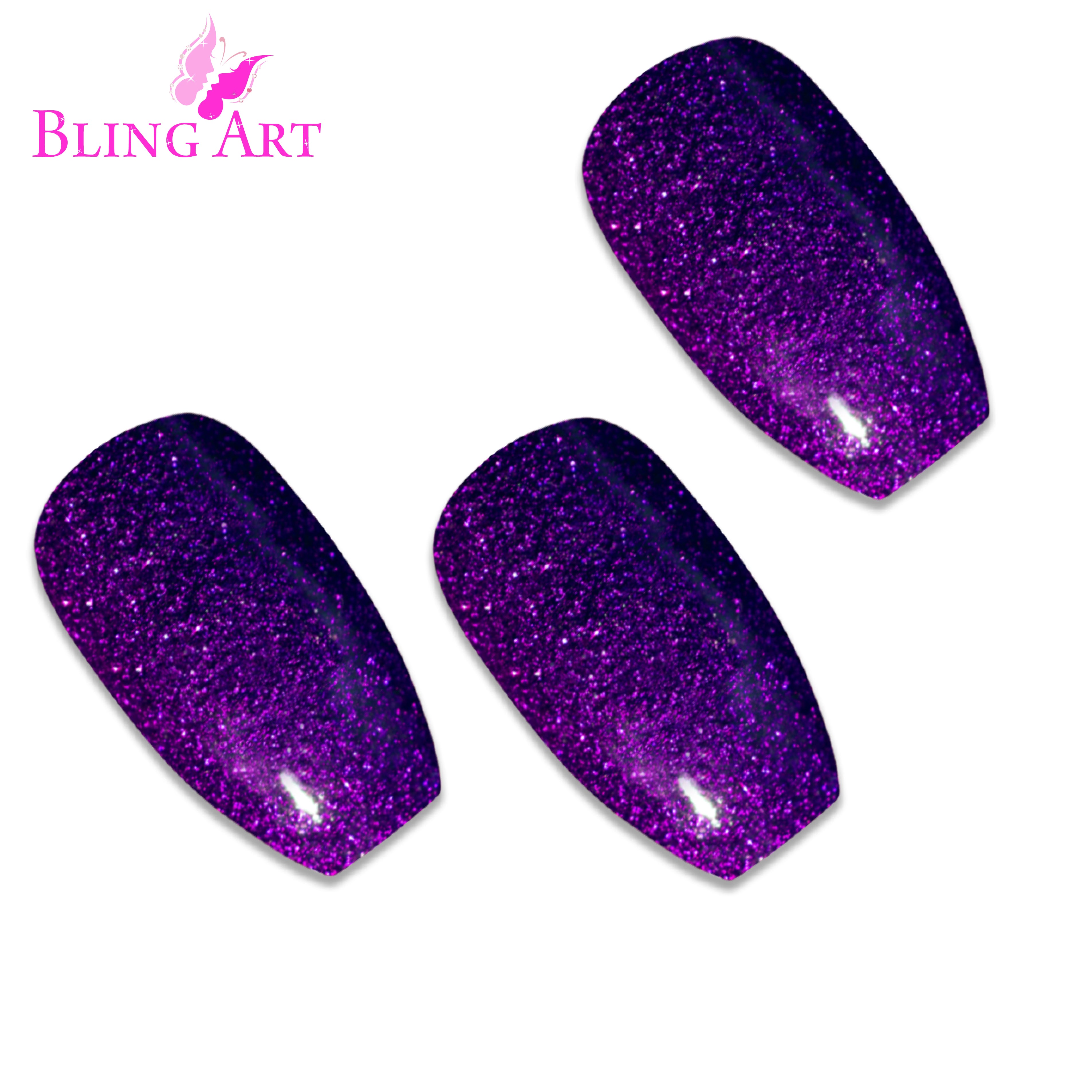 Purple gel ballerina coffin Bling Art press-on nails — worn-hand close-up showing the aubergine gel coat on long ballerina coffin tips. Ballerina = Coffin (same shape).