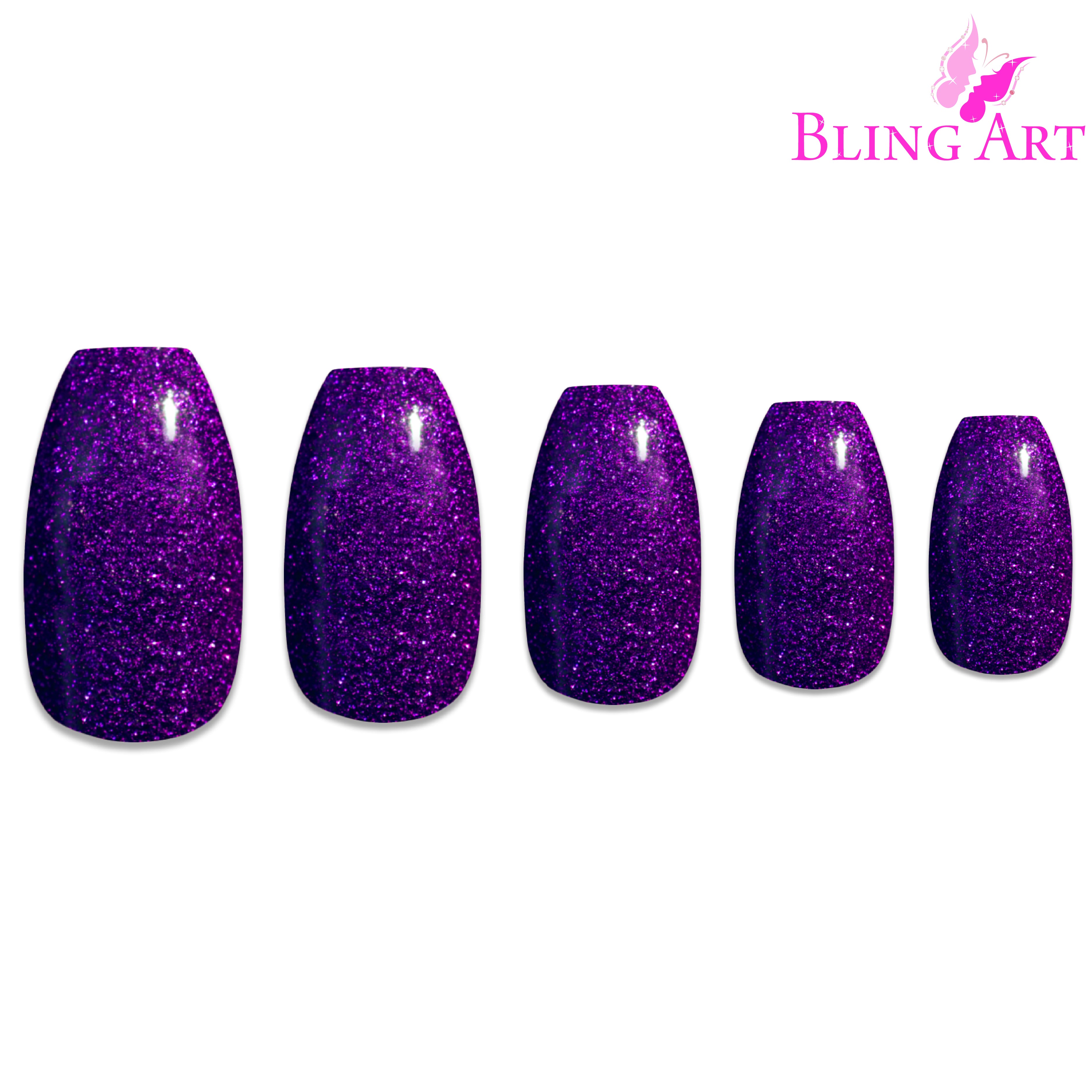 Purple gel ballerina coffin Bling Art press-on nails — alternative angle revealing the bond line on the long ballerina coffin shape.