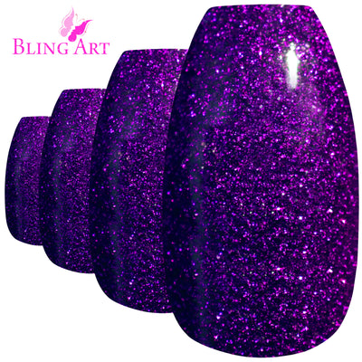 Rich aubergine purple gel ballerina coffin long press-on false nails by Bling Art — jewel-tone evening glamour for special occasions and statement events · glossy salon-grade gel coat · long ballerina coffin tips · 24 nails per set with adhesive · designed in Yorkshire