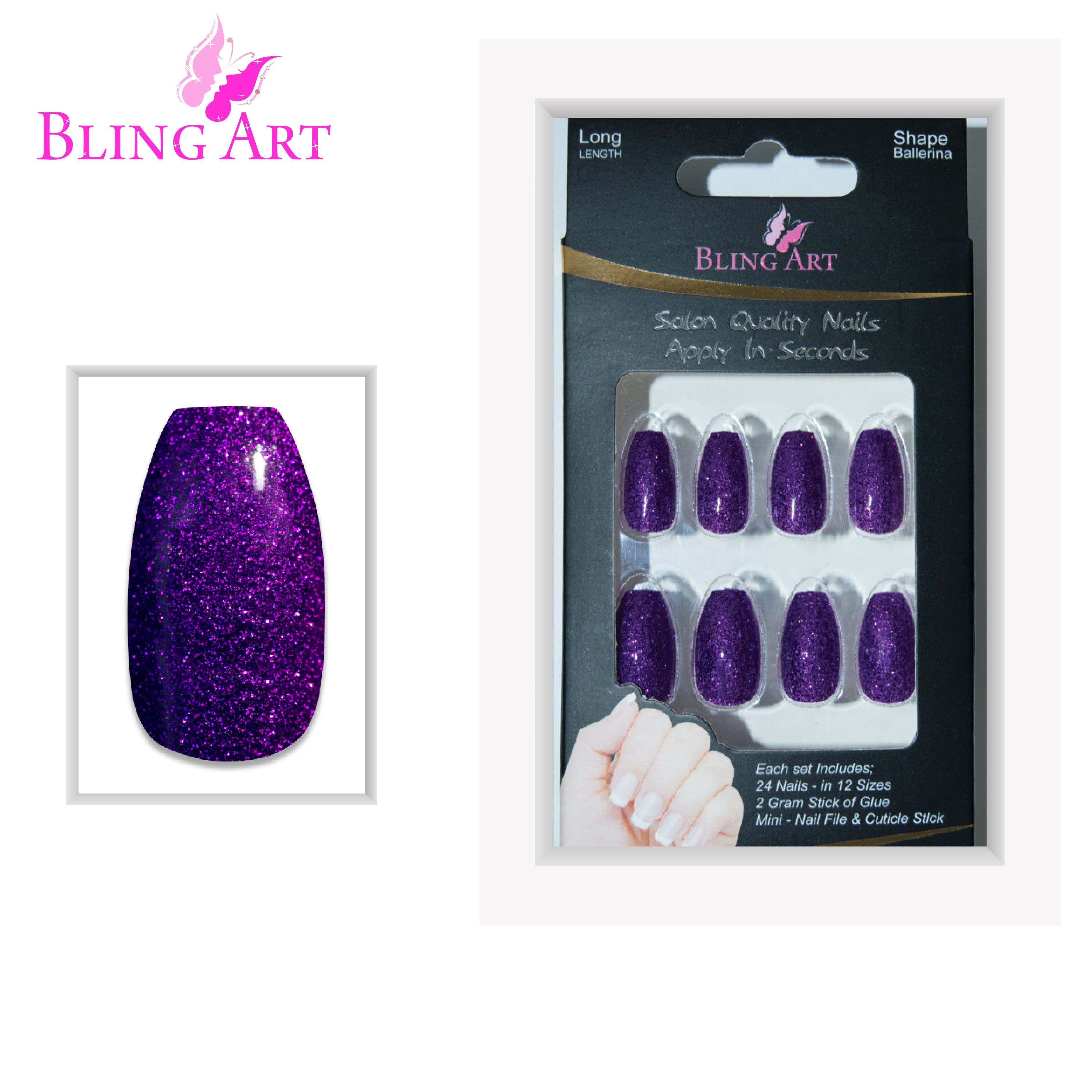 Purple gel ballerina coffin Bling Art press-on nails — full-hand reveal showing all 24 nails for evening events and special occasions.