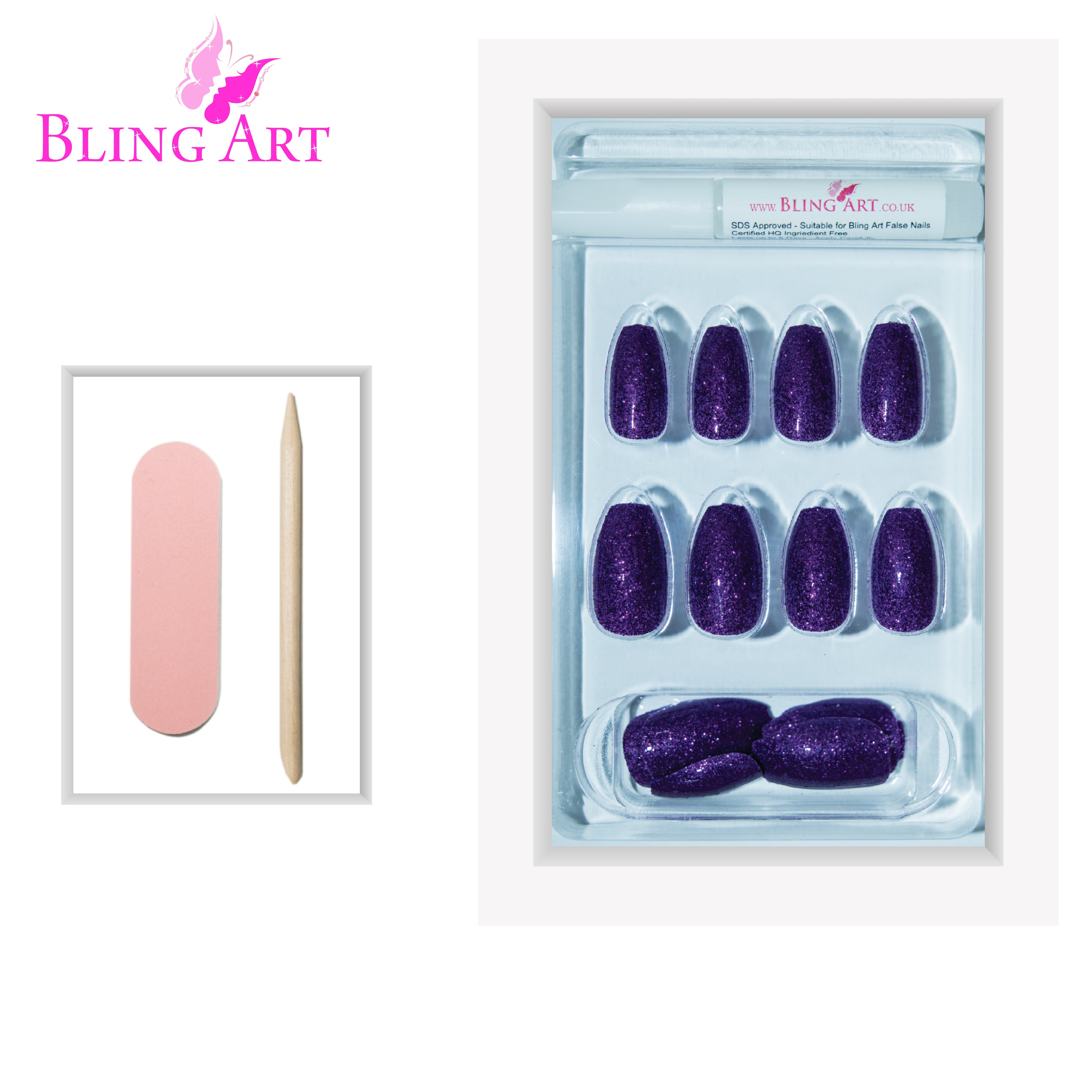 Purple gel ballerina coffin Bling Art press-on nails — lifestyle context shot showing the jewel-tone aubergine gel finish.